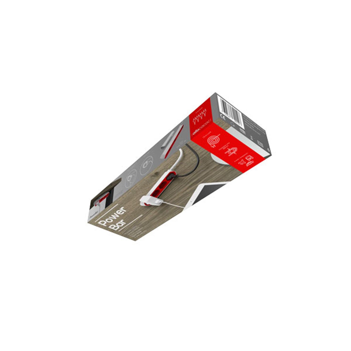 Schmale Design 4-fach-Steckdose, rot-weiß, in grauer Verpackung geliefert.