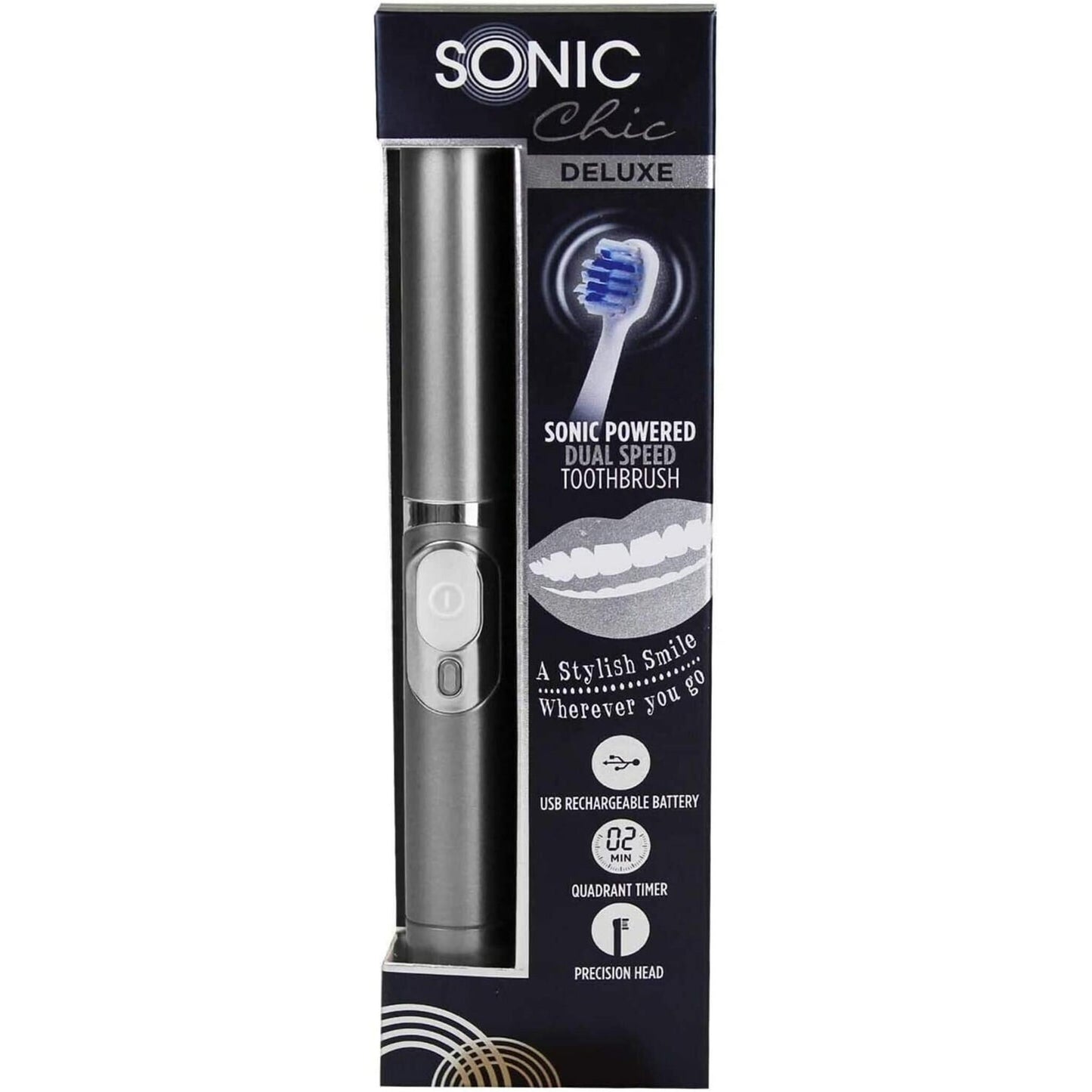 Sonic Chic Deluxe wiederaufladbare Reise-Zahnbürste Silber incl. 2 Bürsten