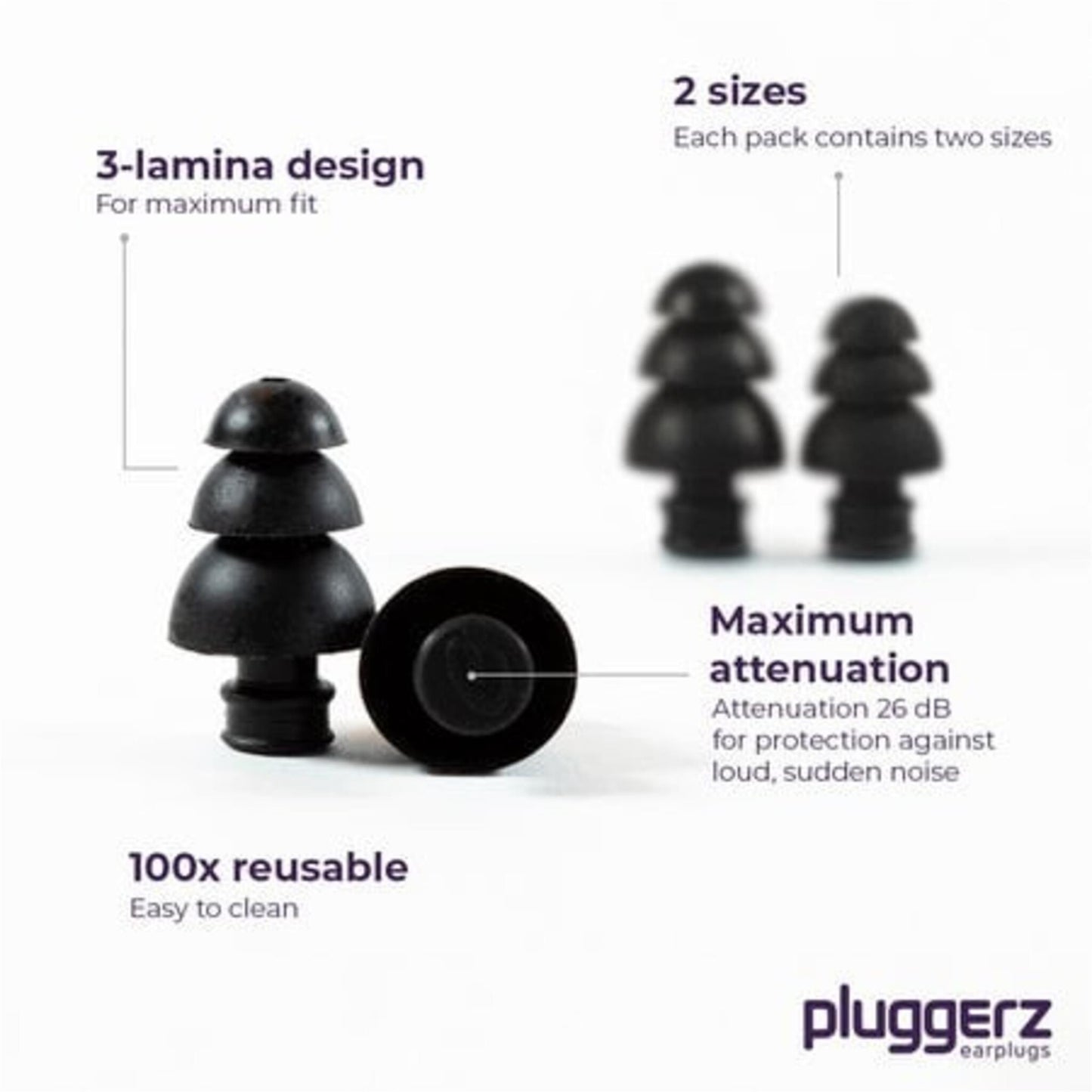 Die schwarzen Ohrenstöpsel im 3-Lamelle-Design kommen mit zwei Größen je Verpackung und können bis zu 100 mal verwendet werden.