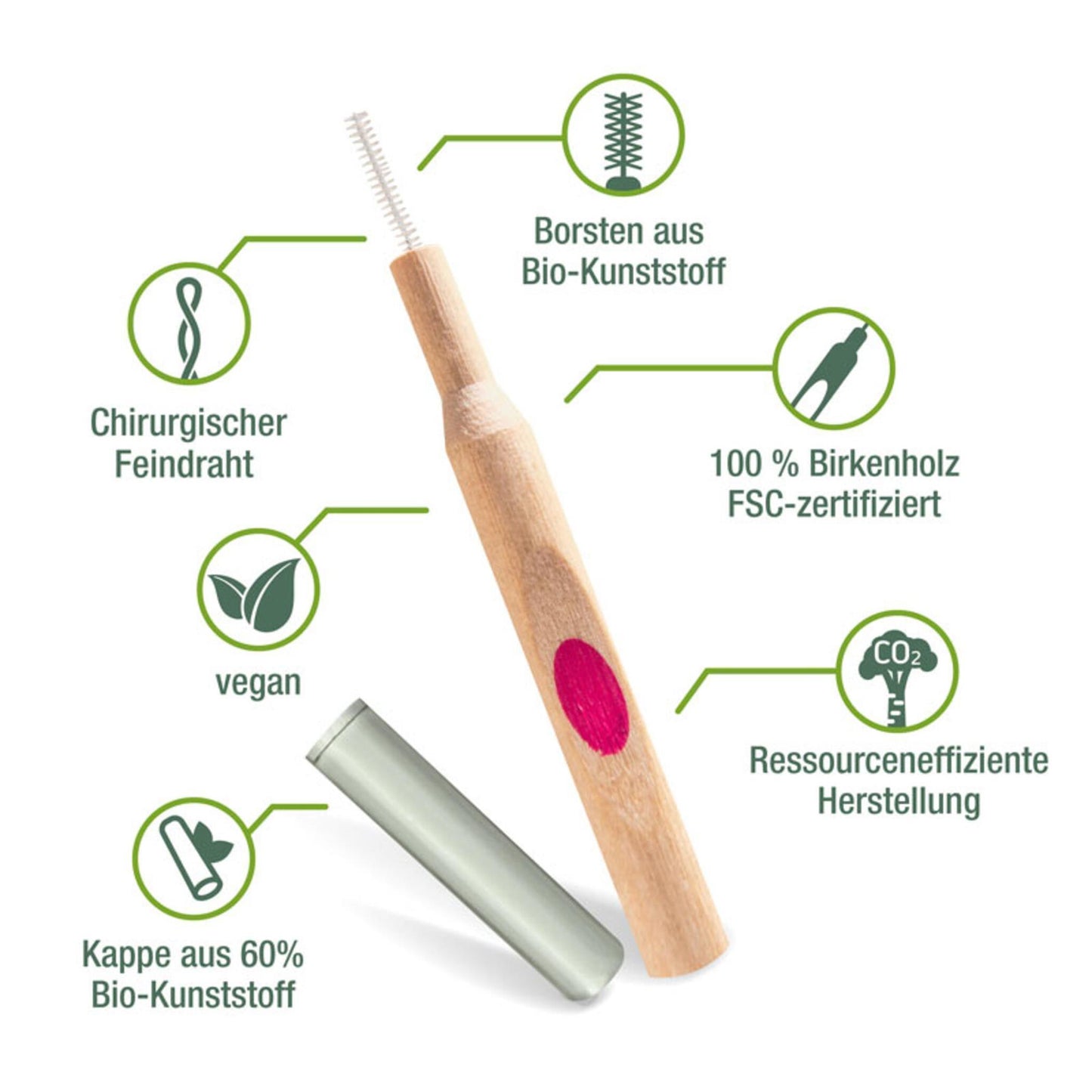 Interdentalbürsten aus Birkenholz - FSC zertifiziert - Borsten aus Bio Kunststoff von Zahnärzten entwickelt ISO 4