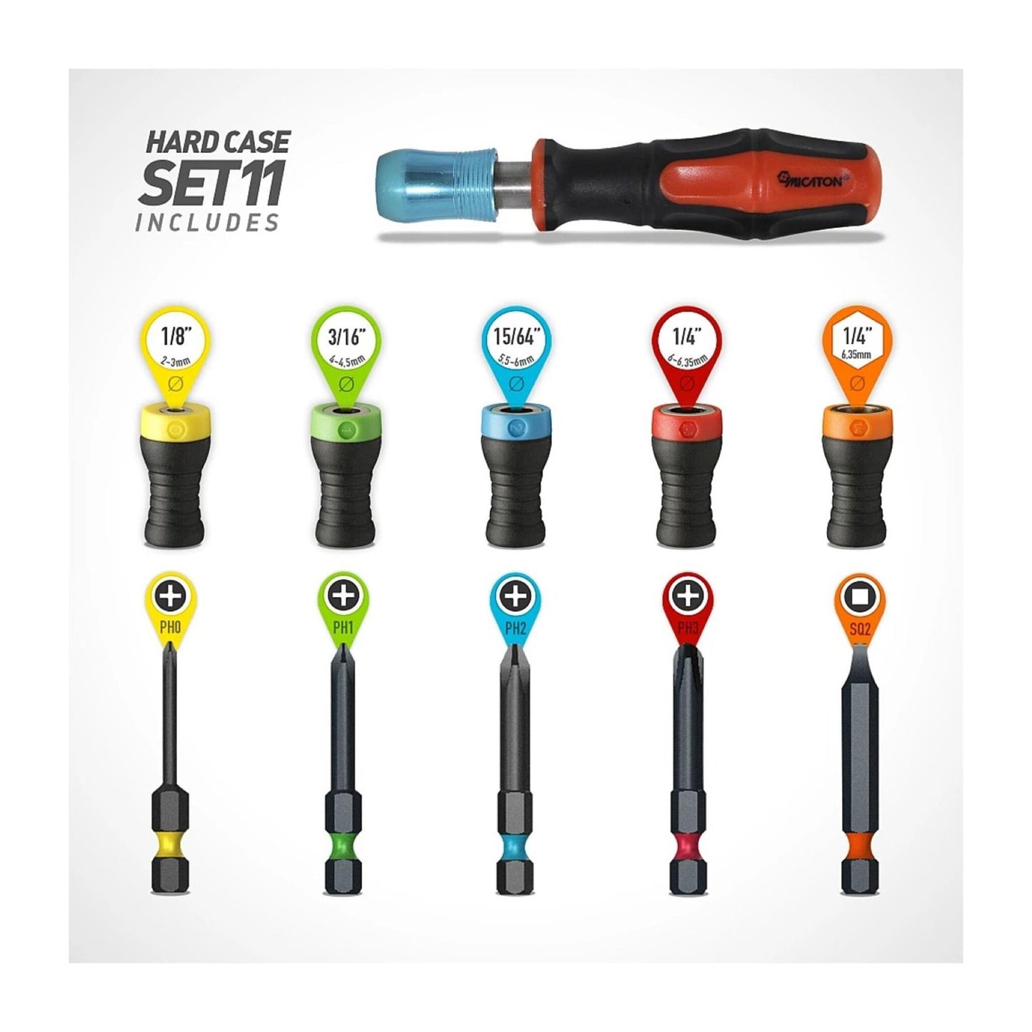 5 Magnet Driver®-Hülsen + 5 verlängerte Bits PH0, PH1, PH2, PH3 und SQ2 + Micaton-Griff