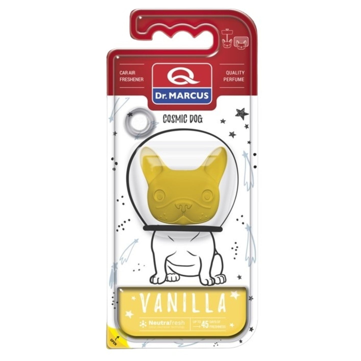Cosmic Dog Vanilla. Gelber Hundekopf als Lufterfrischer für den Fahrzeuginnenraum von Dr. Marcus.