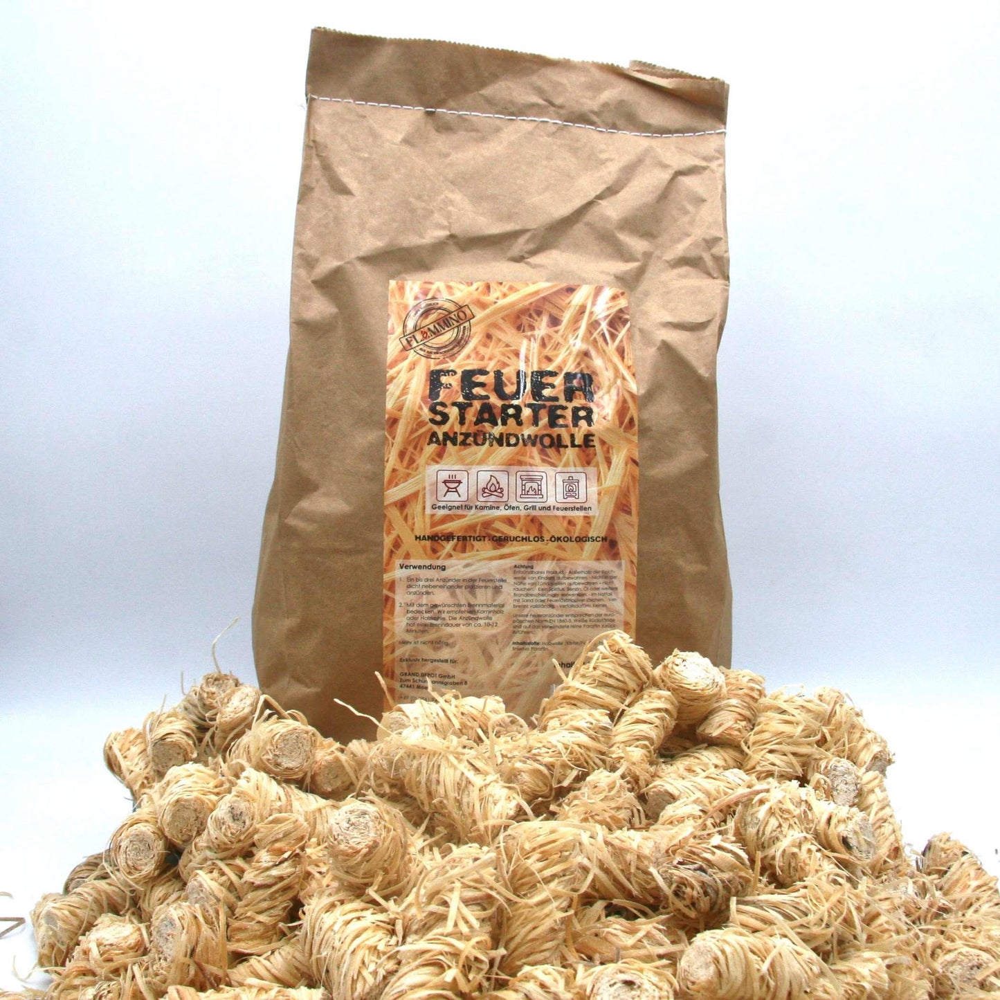 Flammino Holzwolle Anzündwolle Grillanzünder paperbag für Kamin, Grill & BBQ made in EU 1 x 2.5 Kg ca. 200 Stk.