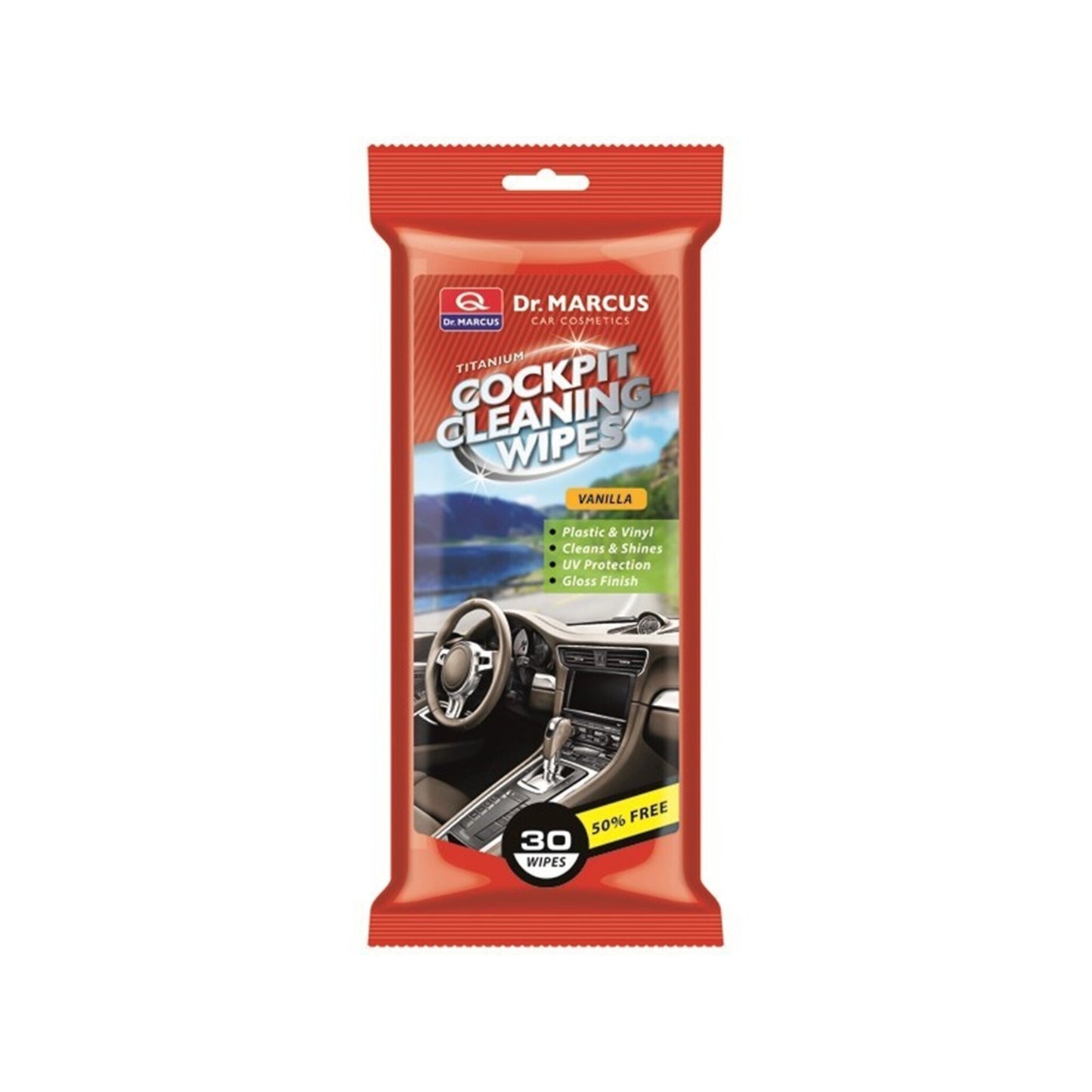 Cockit-Reinigungstücher von Dr. Marcus in praktischer Flachverpackung. Hinterlassen streifenfreien Glanz auf dem Armaturenbrett und eine sanfte Vanille-Note.