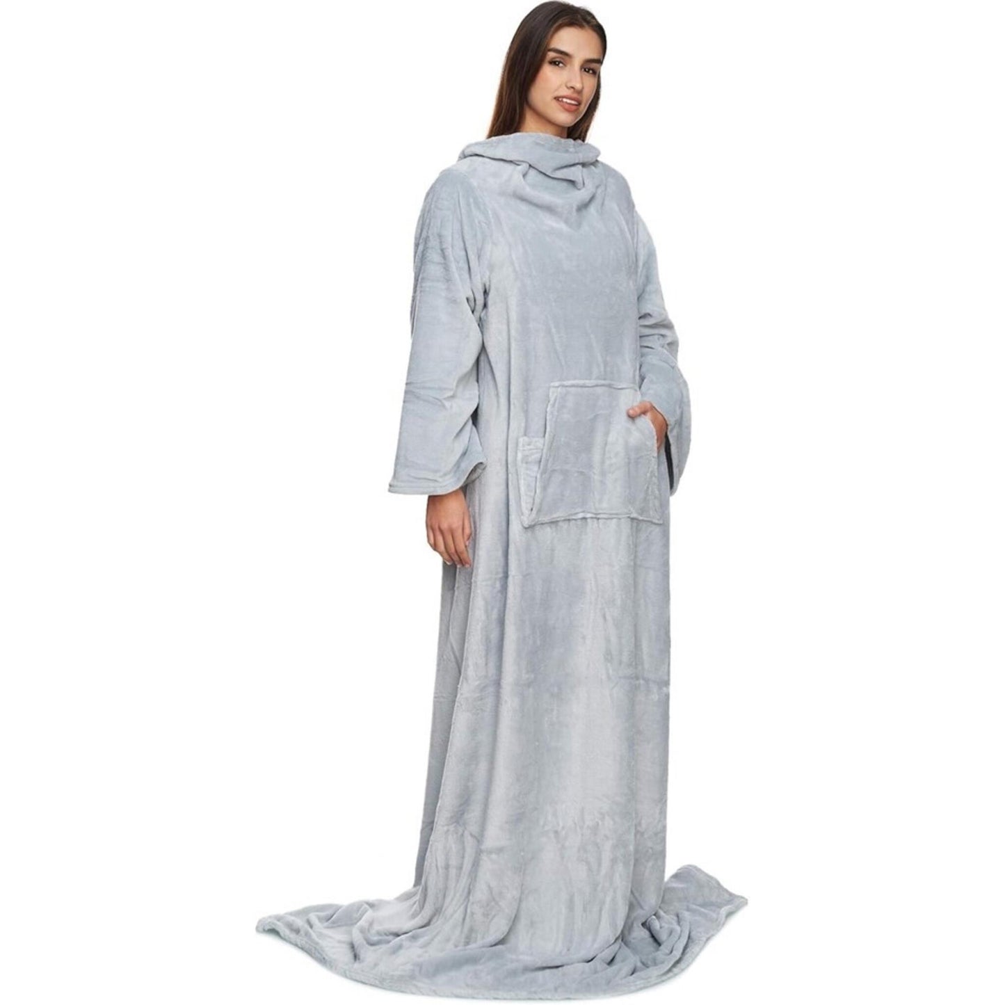 Weiche Kuscheldecke mit Ärmeln, Bauchtasche und Handyfach - aus federleichtem Coral-Fleece 150 x 180 cm Antrazit mit Sternen