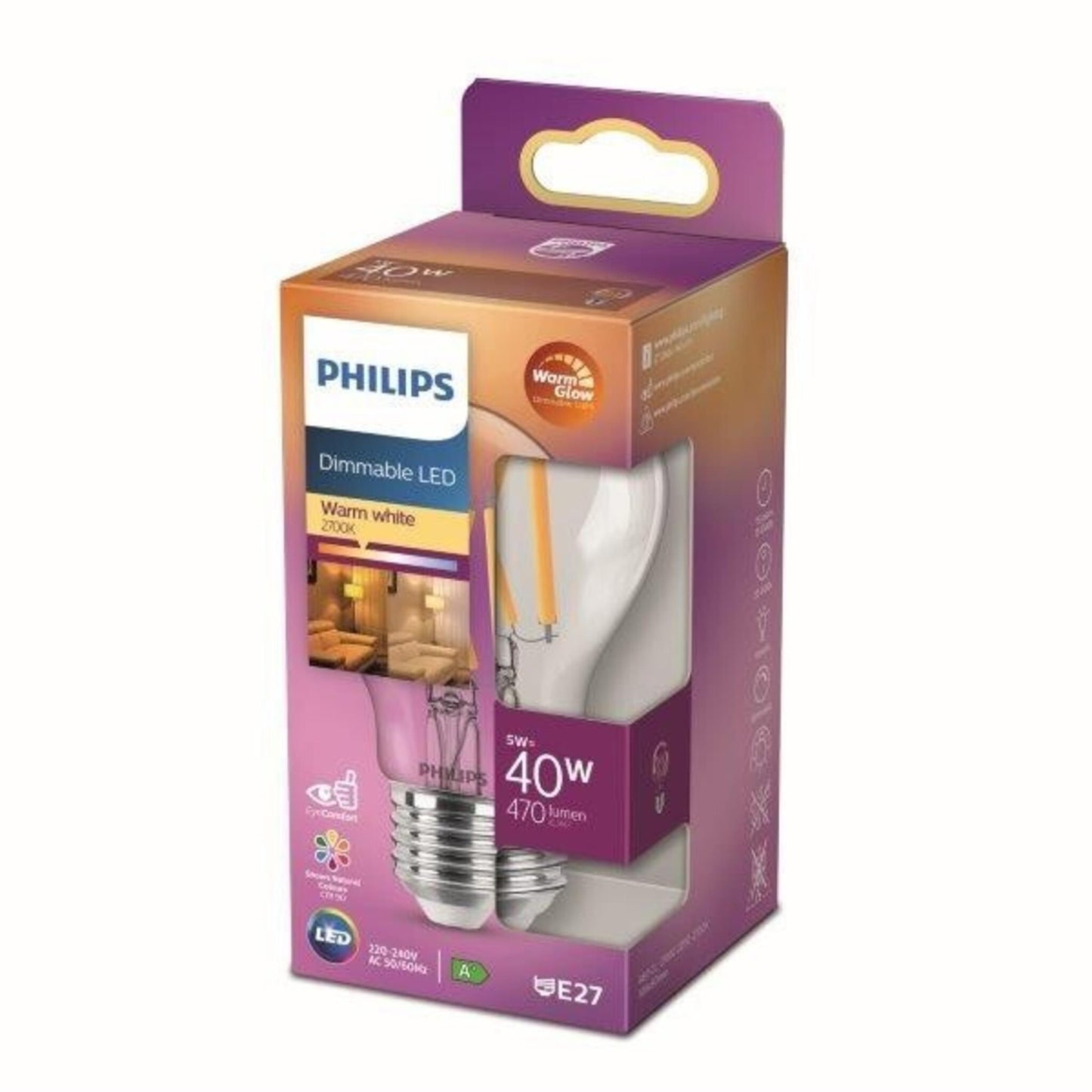 Philips LED Lampe 1x5W | E27 | 470lm | 2200-2700K - Warm Glow, dimmbar, transparent, EyeComfort
