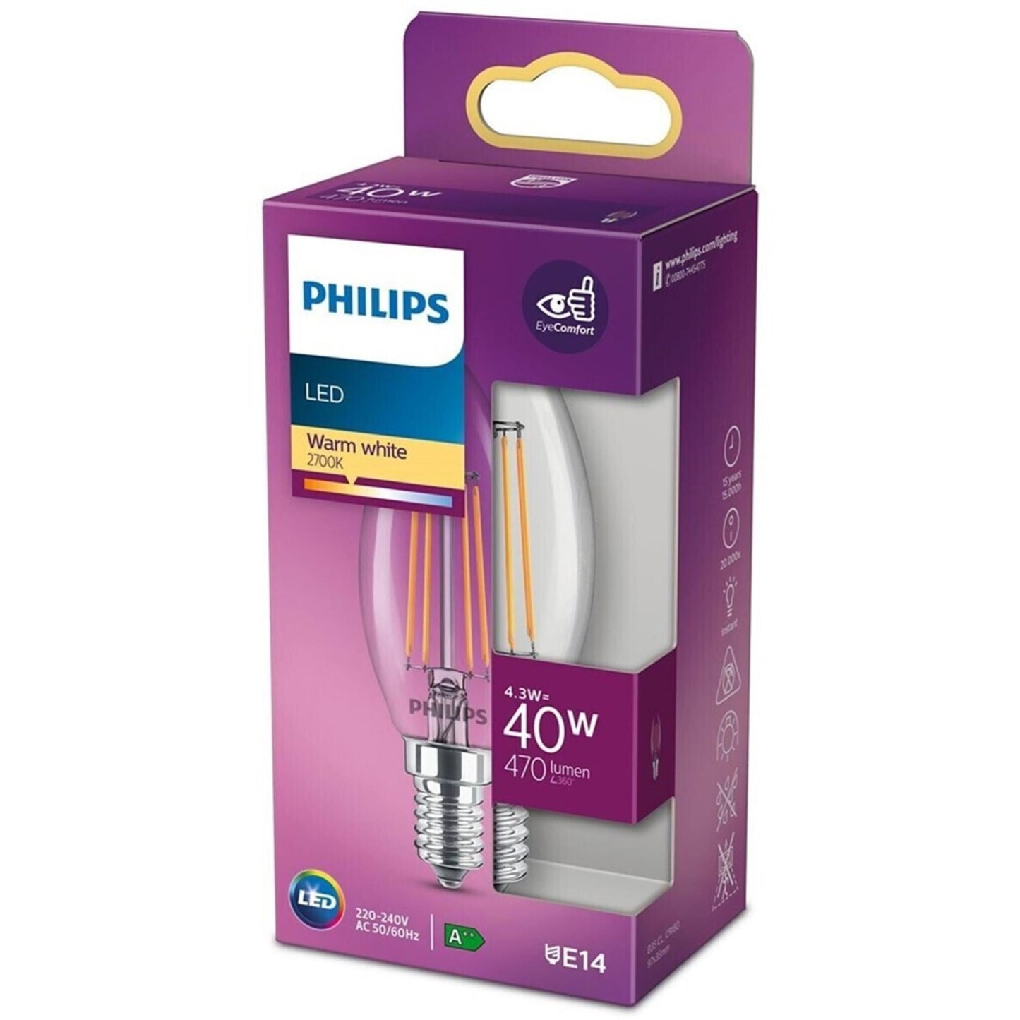 Philips LED Lampe ersetzt 40W, E14 Kerze B35, klar, warmweiß, 470 Lumen, nicht dimmbar, 1er Pack transparent
