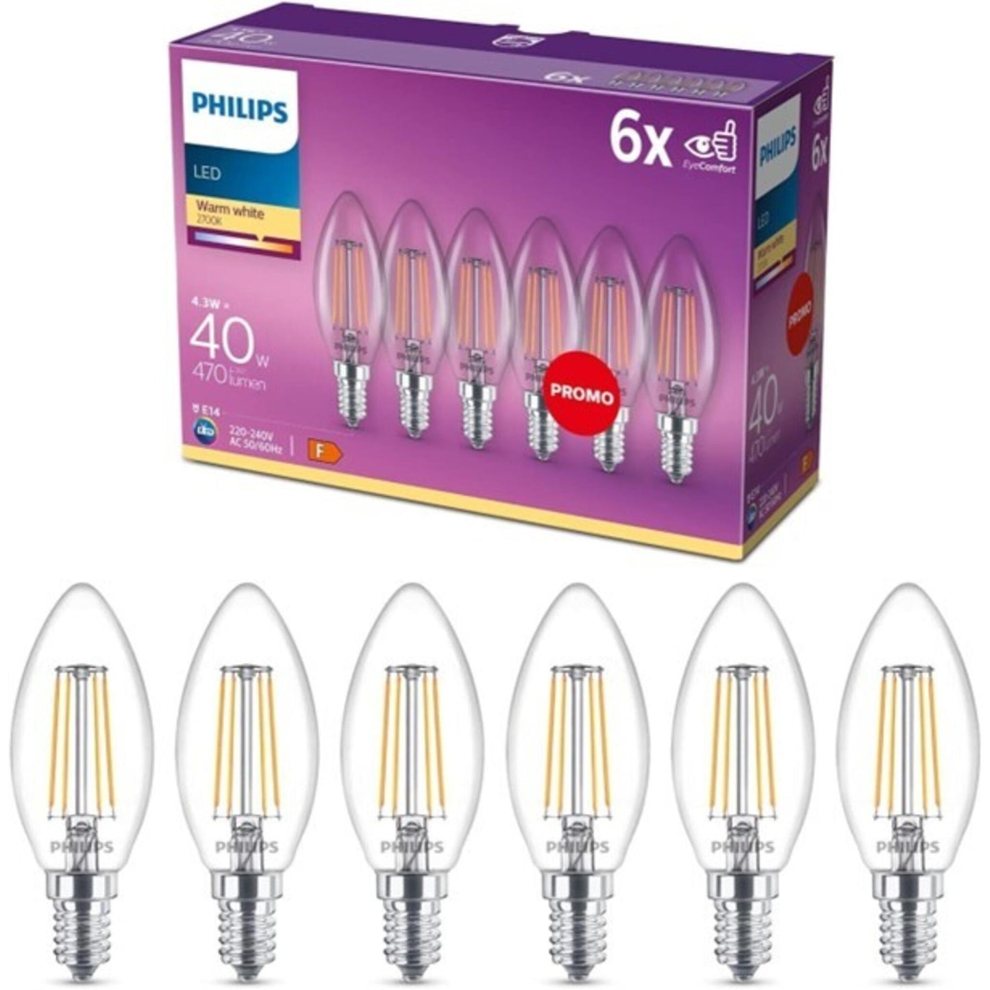 Philips LED Classic E14 Lampen 6-er Pack (40 W), LED Lampen mit warmweißem Licht, energiesparende LED Beleuchtung