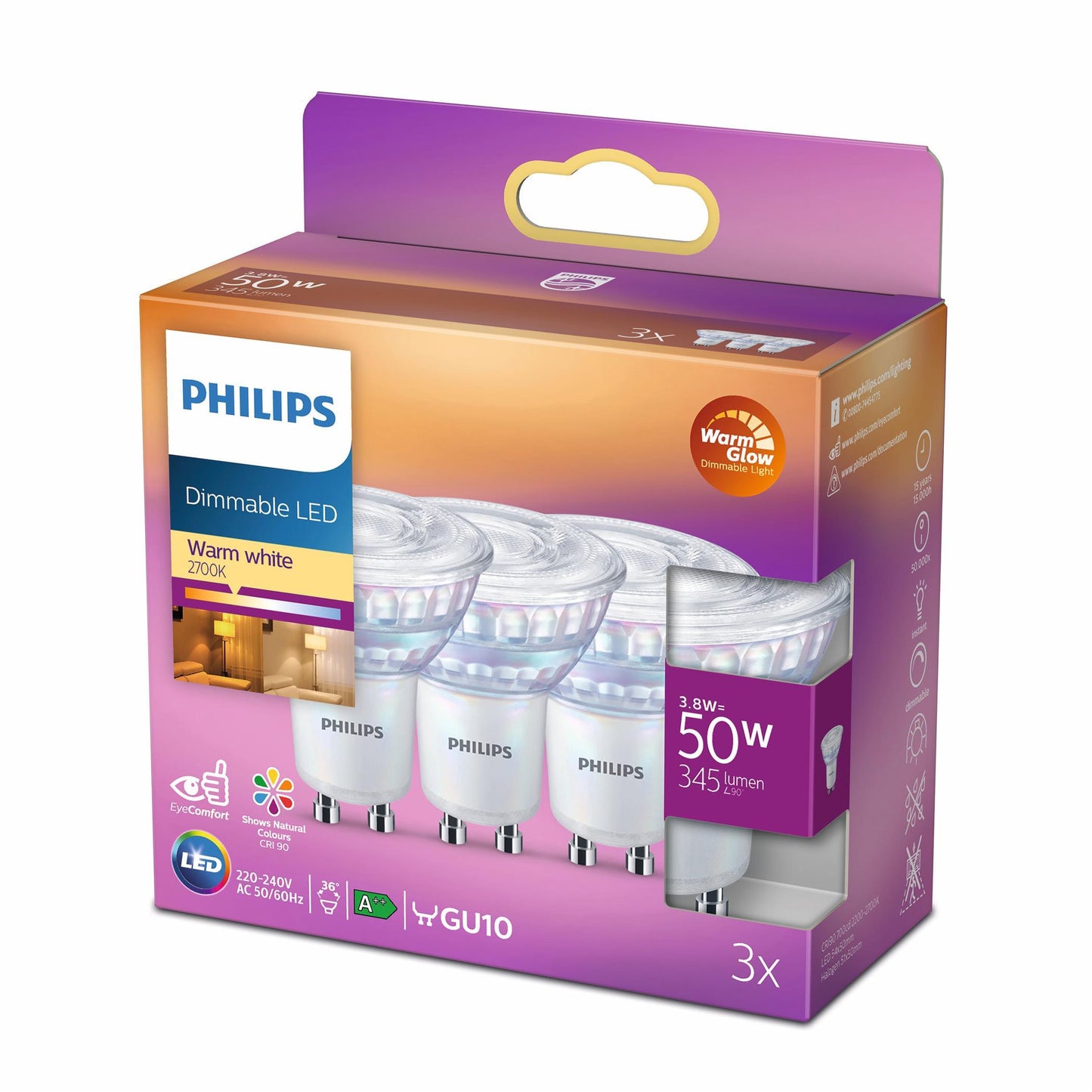 Philips LED 3.8 watt spot 50 W warmglow dimmable 3 stk. GU10