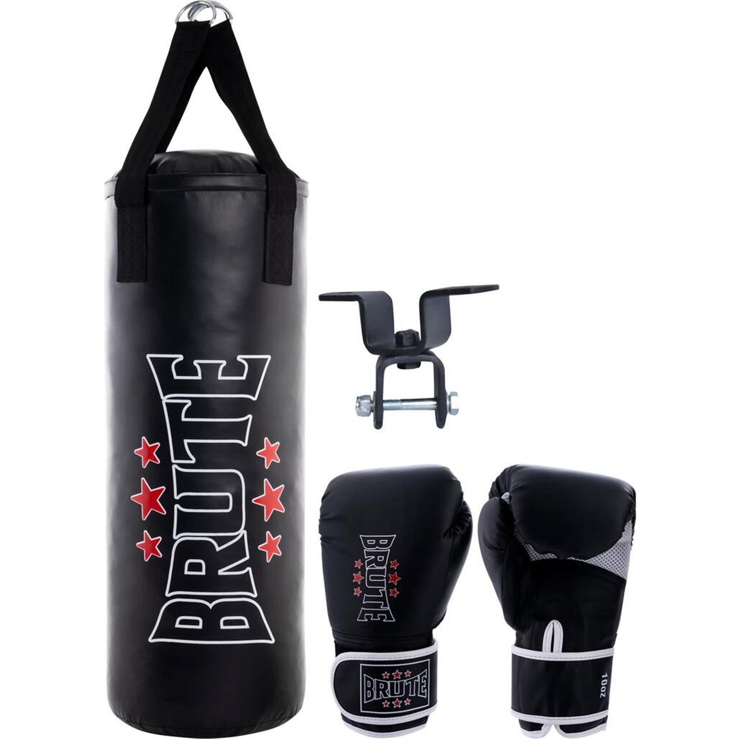 BRUTE Boxsack Erwachsene - Sandsack Set inklusive mit Boxhandschuhen, Deckenhaken und Tasche für jede Kampfsportart Kickboxen, Sparring, Muay Thai, Material: Leder - Farbe: Schwarz