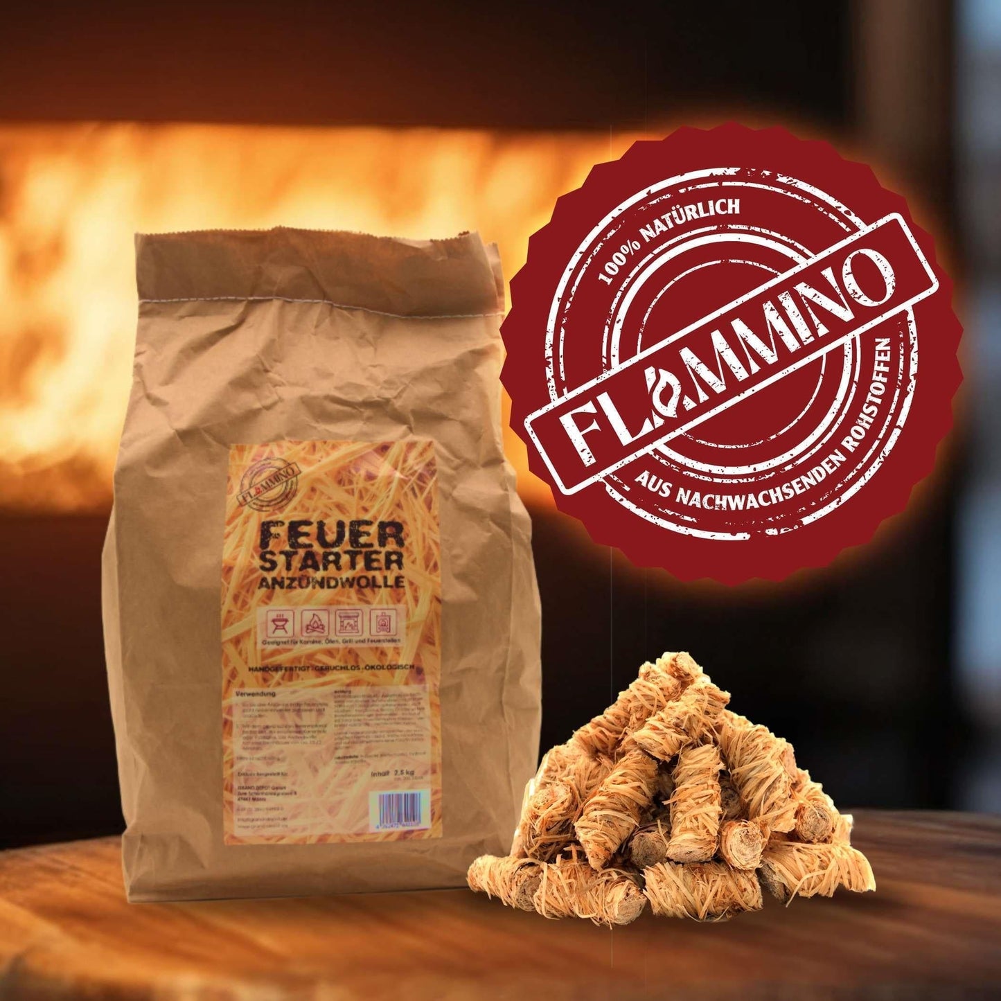 Flammino Holzwolle Anzündwolle paperbag für Kamin, Grill & BBQ made in EU