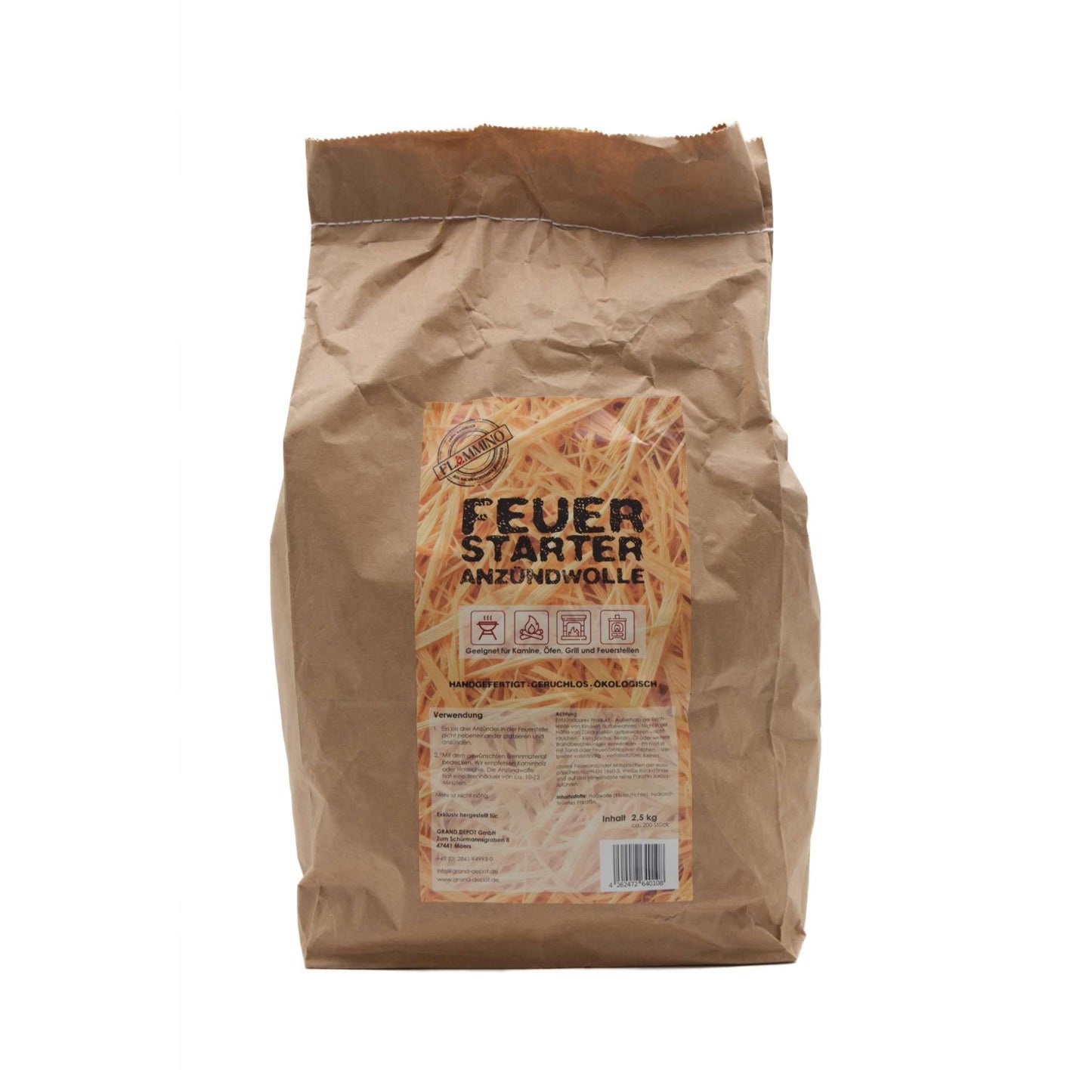 Flammino Holzwolle Anzündwolle paperbag für Kamin, Grill & BBQ made in EU