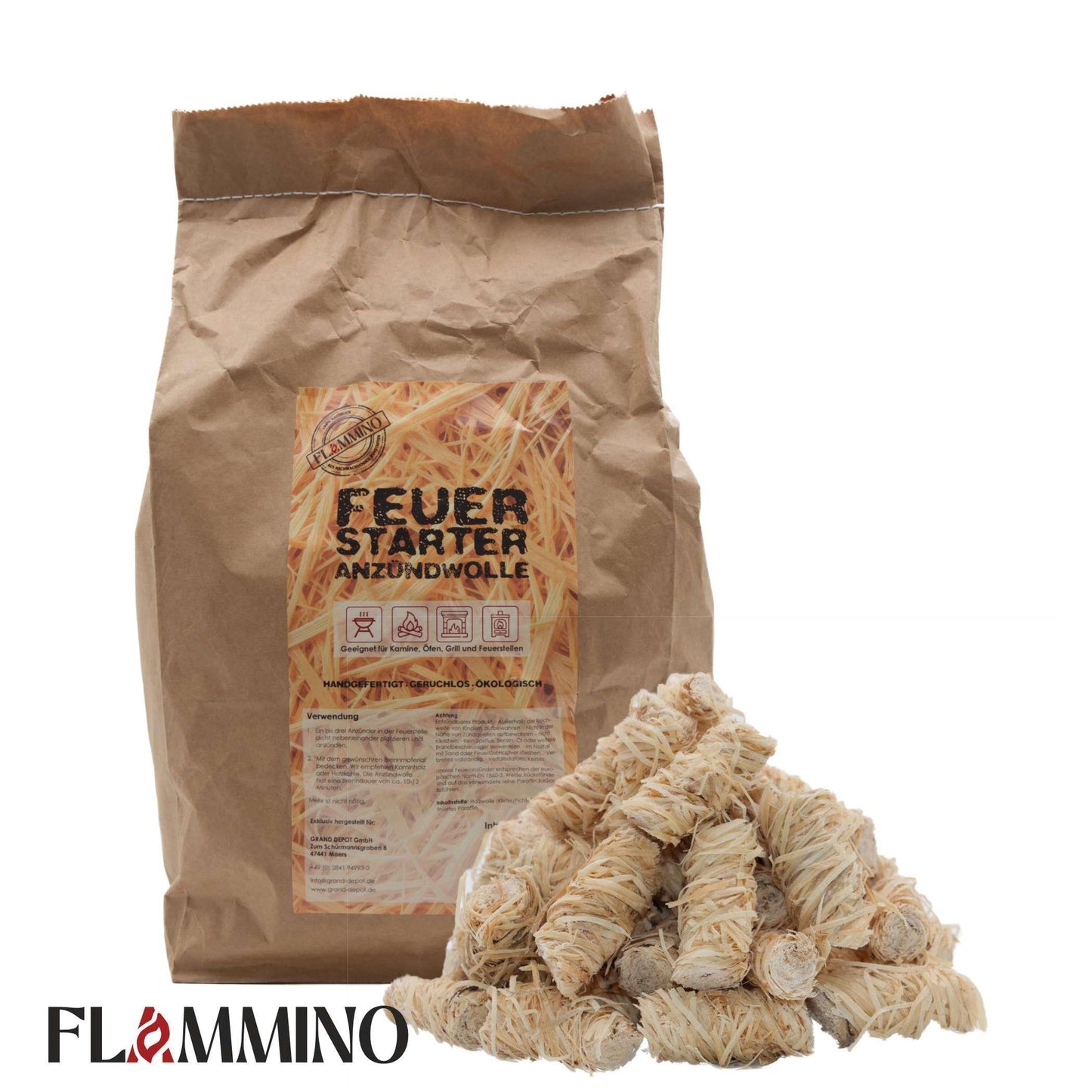 Flammino Holzwolle Anzündwolle Grillanzünder paperbag für Kamin, Grill & BBQ made in EU 1 x 2.5 Kg ca. 200 Stk.