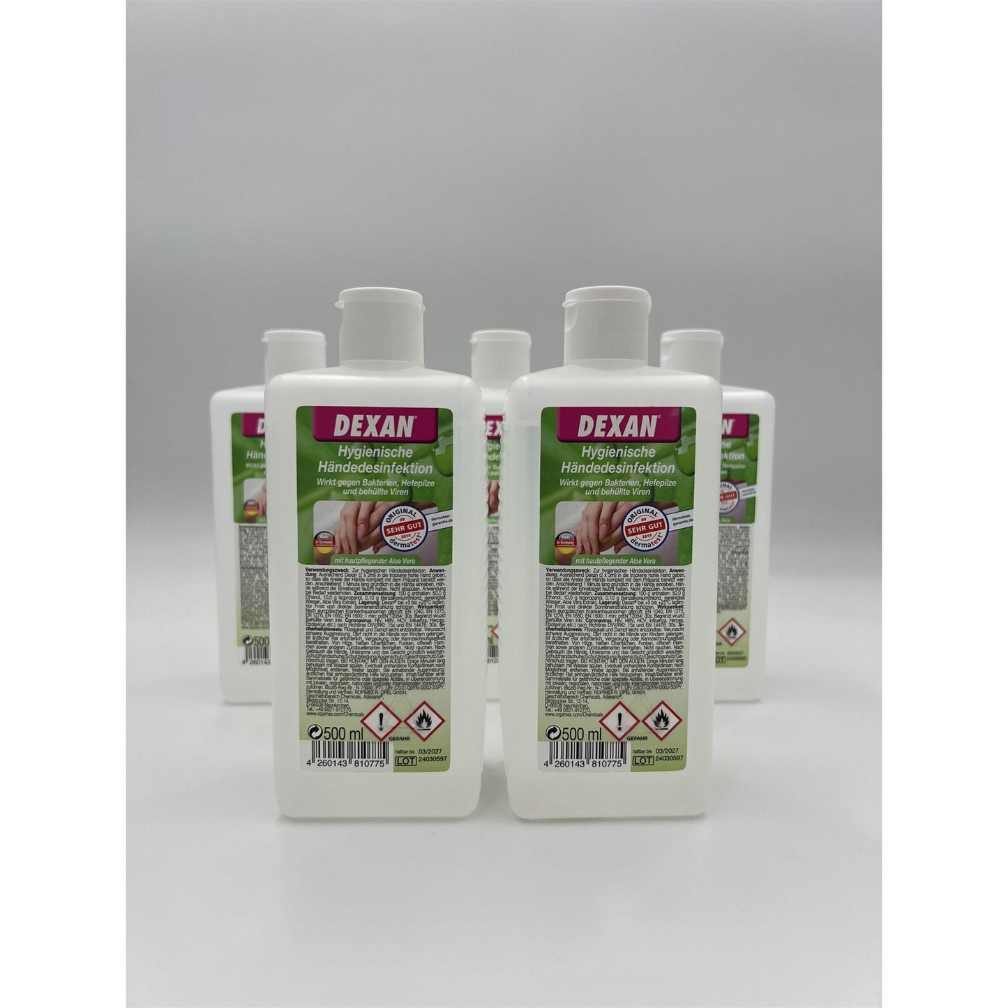 2,5 Liter ( 5 x 500ml ) DEXAN Hände-Desinfektion mit hautpflegender Aloe Vera ( Ethanol )