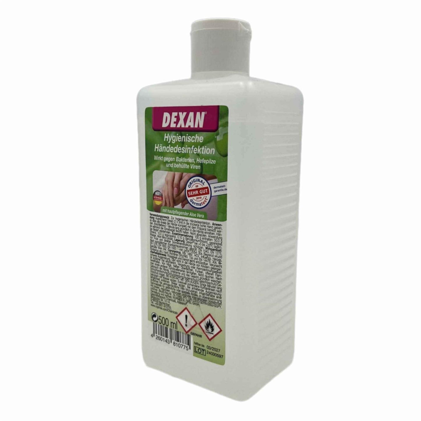DEXAN Hände-Desinfektion mit hautpflegender Aloe Vera – 500ml weiche Pflege für Ihre Hände ( Ethanol )