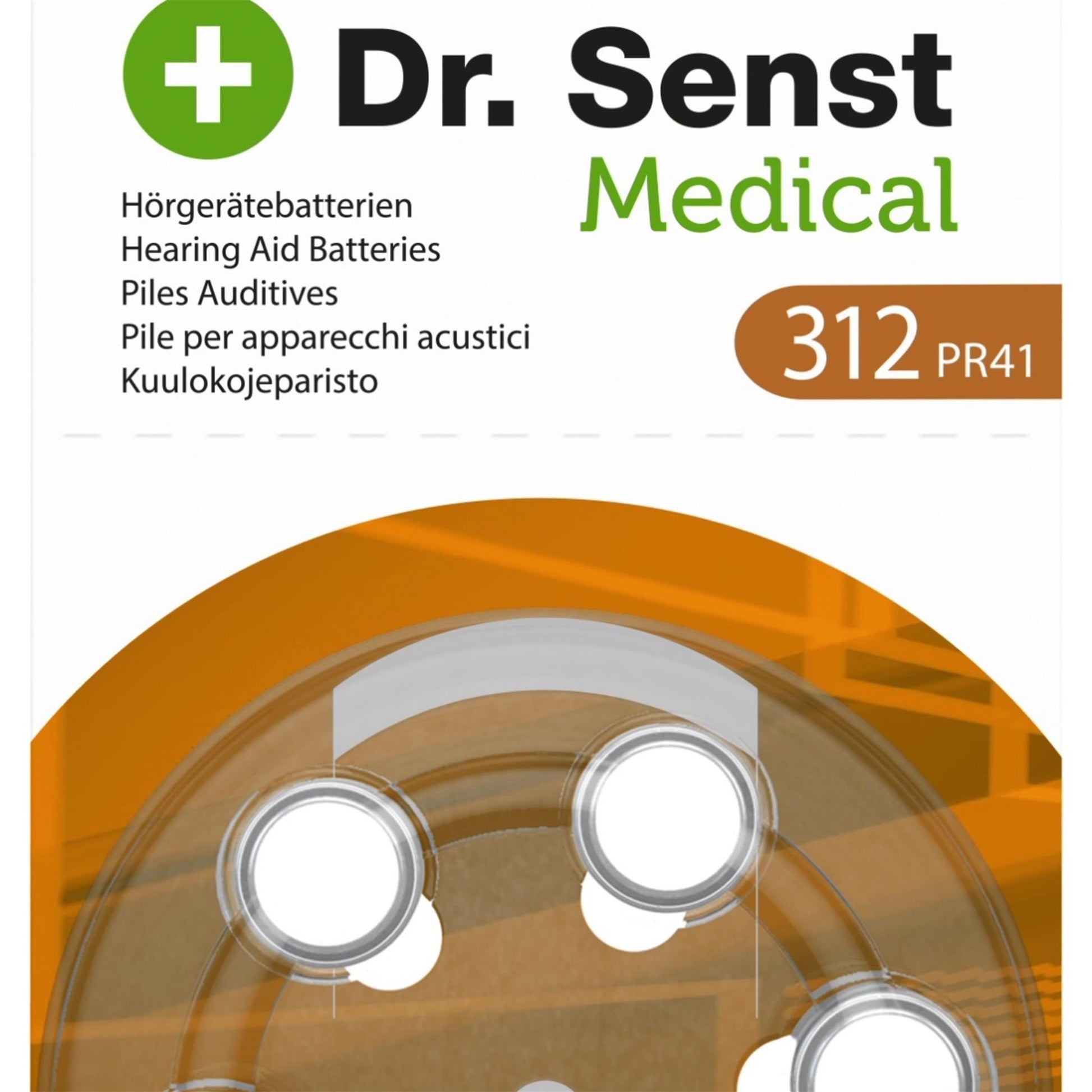 Batterien für Hörgeräte von Dr. Senst. Zink-Luft-Hörgerätebatterie ZA312 im 6er-Pack.