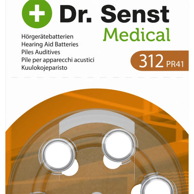 Batterien für Hörgeräte von Dr. Senst. Zink-Luft-Hörgerätebatterie ZA312 im 6er-Pack.
