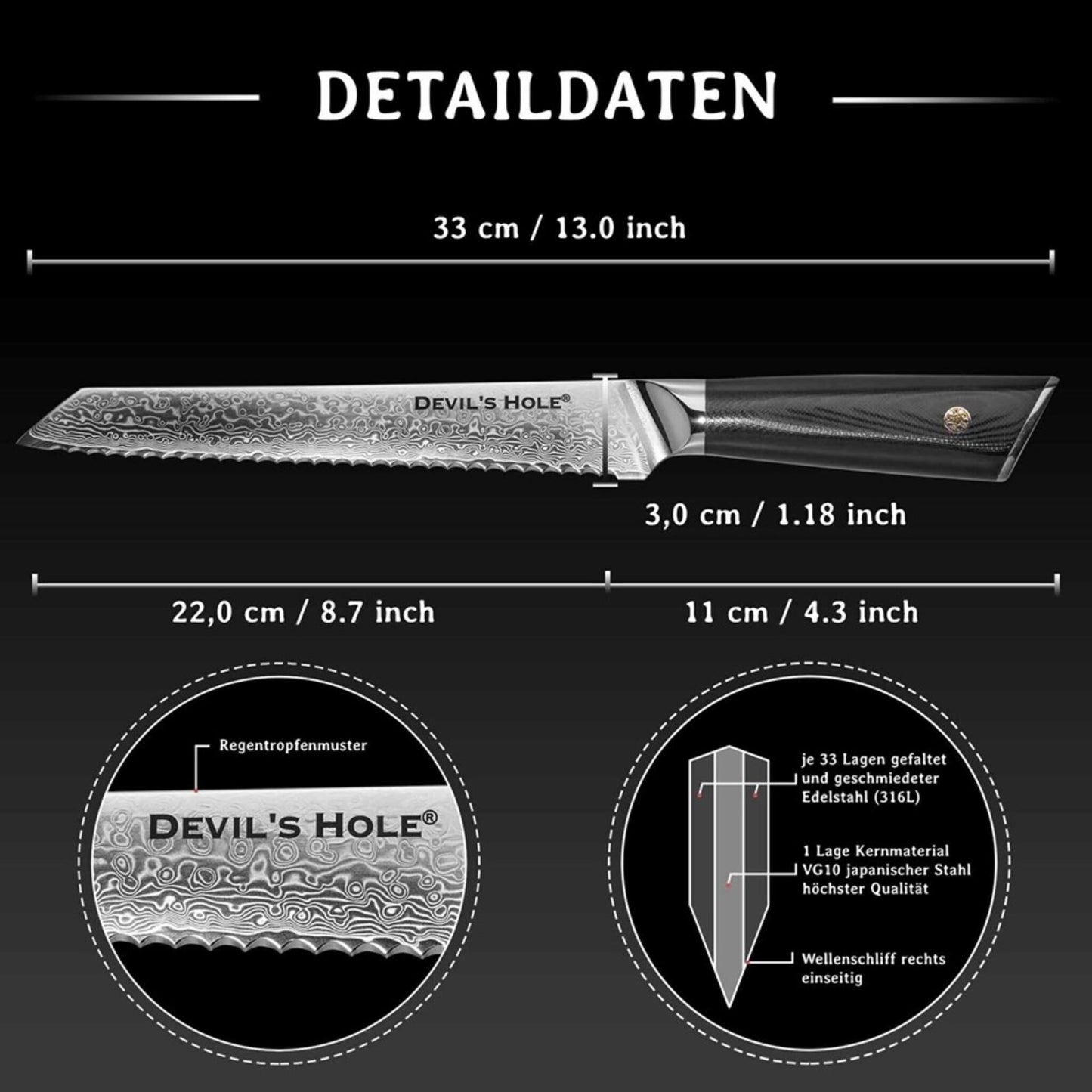 Devil's Hole® Damastmesser Brotmesser Schwarz