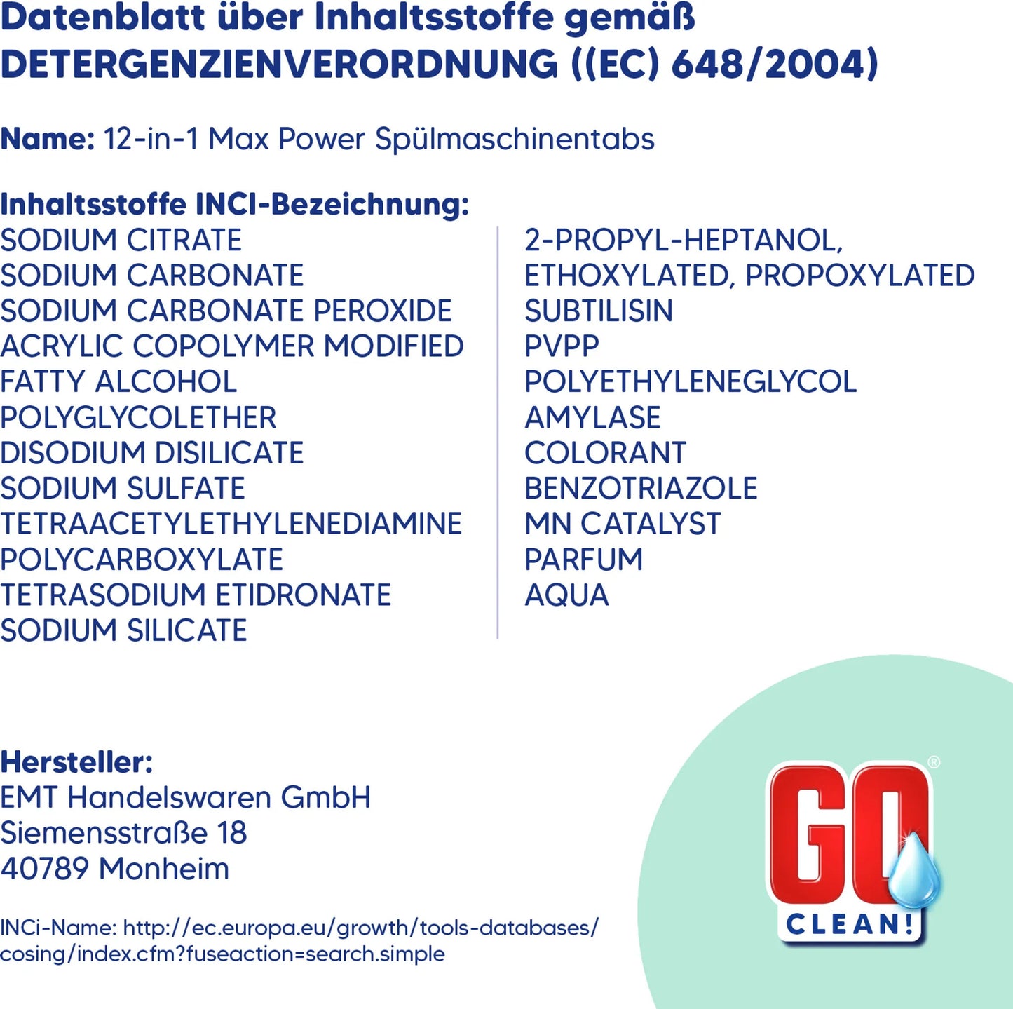 250 Tabs HQ Go Clean  All-in-1 SpülmaschinenTabs, 250er Box, in wasserlösliche Folie 5 Kg Karton