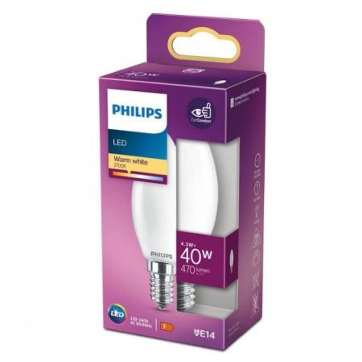 Philips E14 LED Classic Kerzenlampe 4.3W wie 40W Matt 2700K