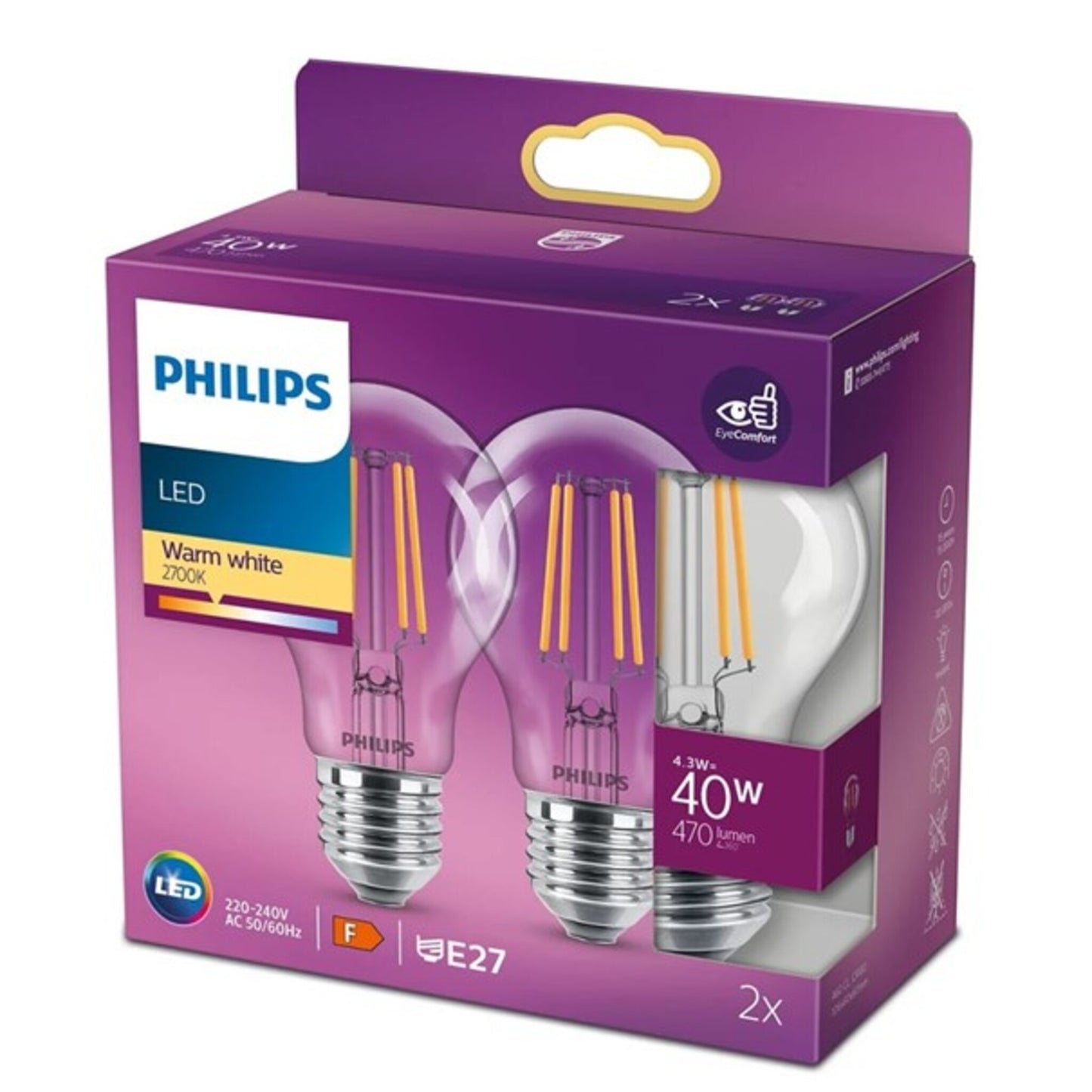 Philips Lighting LED EEK F (A - G) E27 4.3W = 40W Warmweiß (Ø x L) 6cm x 10.6cm 2 St.