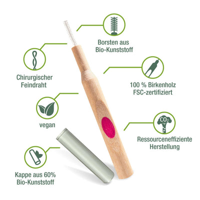 Interdentalbürsten aus Birkenholz - FSC zertifiziert - Borsten aus Bio Kunststoff von Zahnärzten entwickelt  ISO 4
