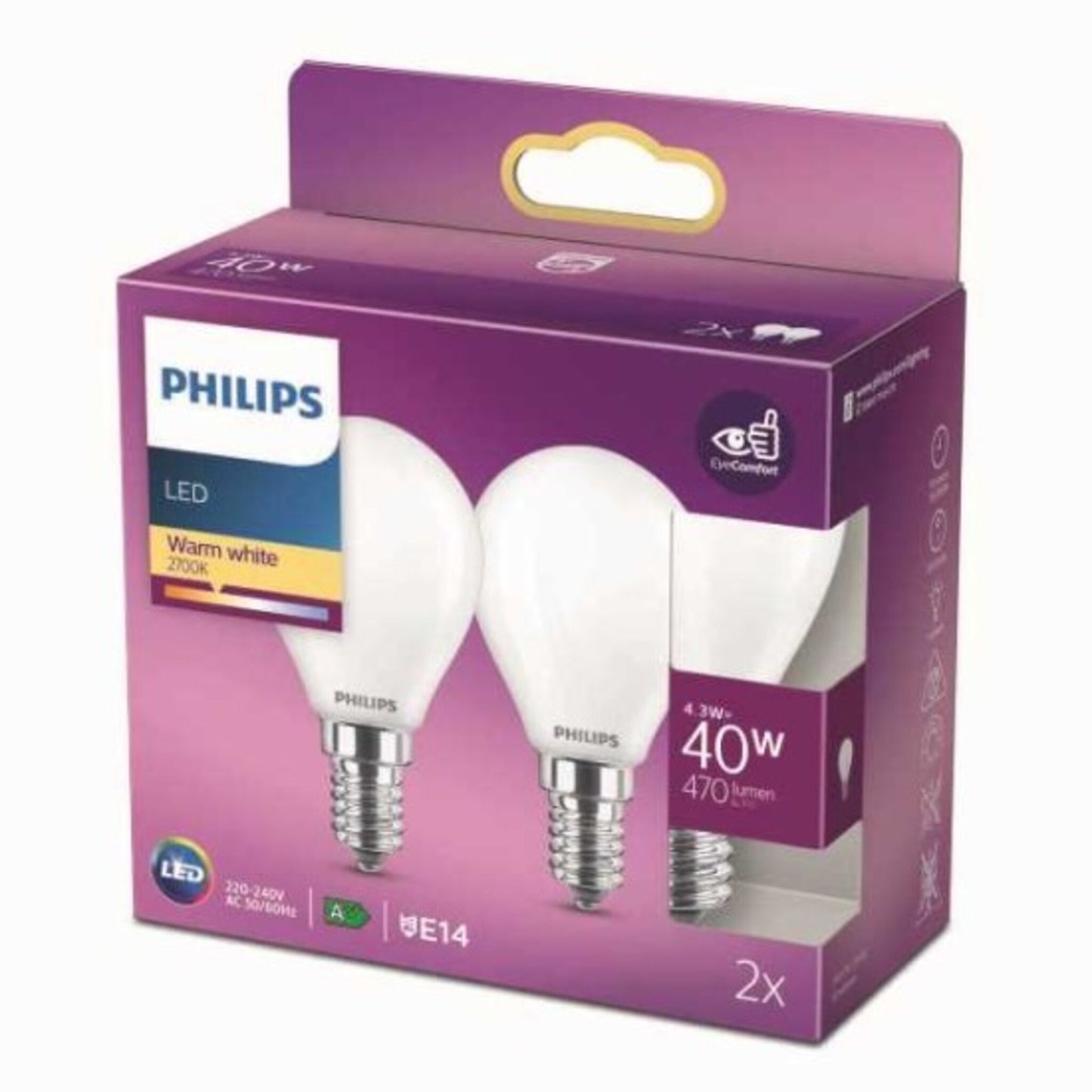 Philips LED Filament-Kerzenlampe, P45, E14 x2, Milchglas, 40 W