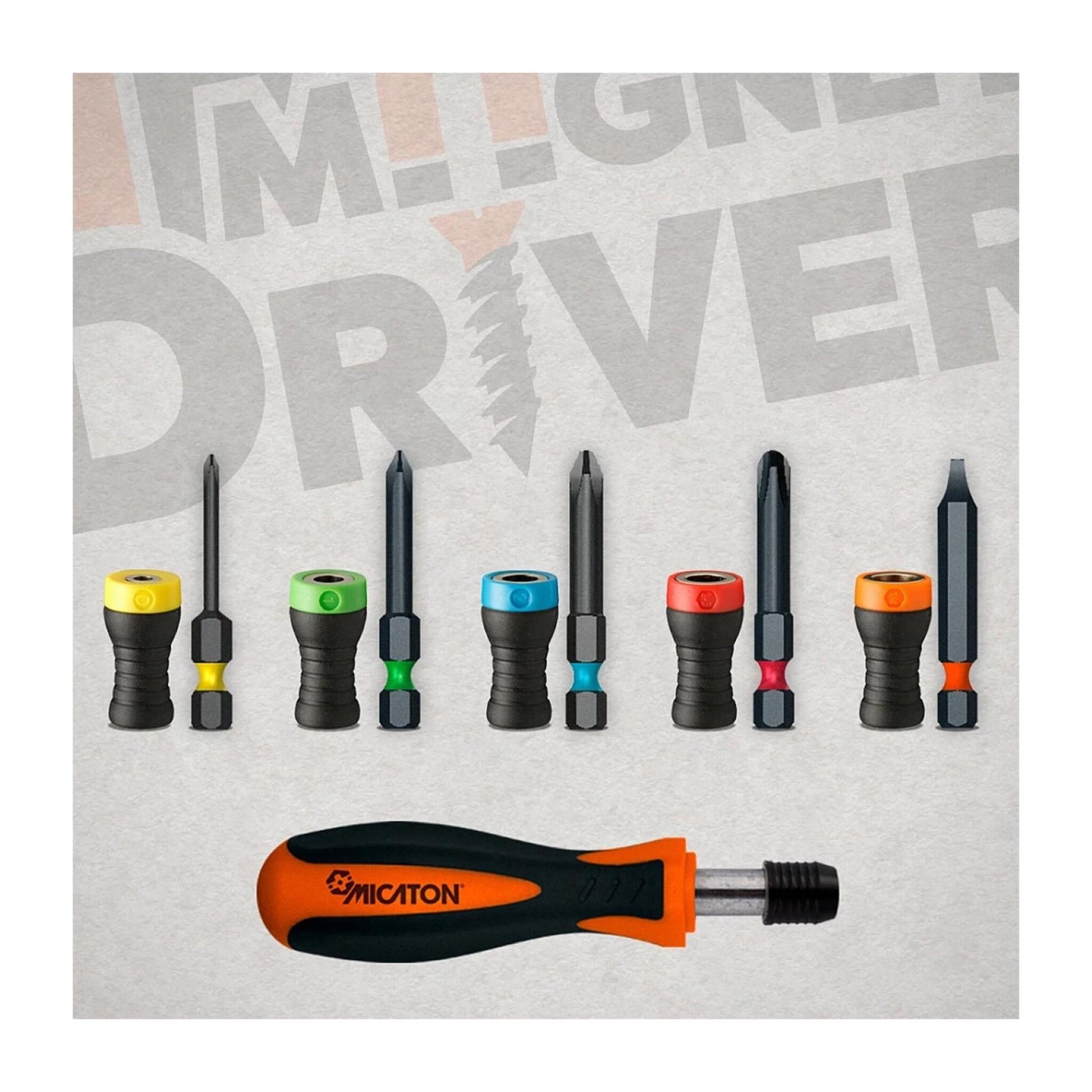 5 Magnet Driver®-Hülsen + 5 verlängerte Bits PH0, PH1, PH2, PH3 und SQ2 + Micaton-Griff