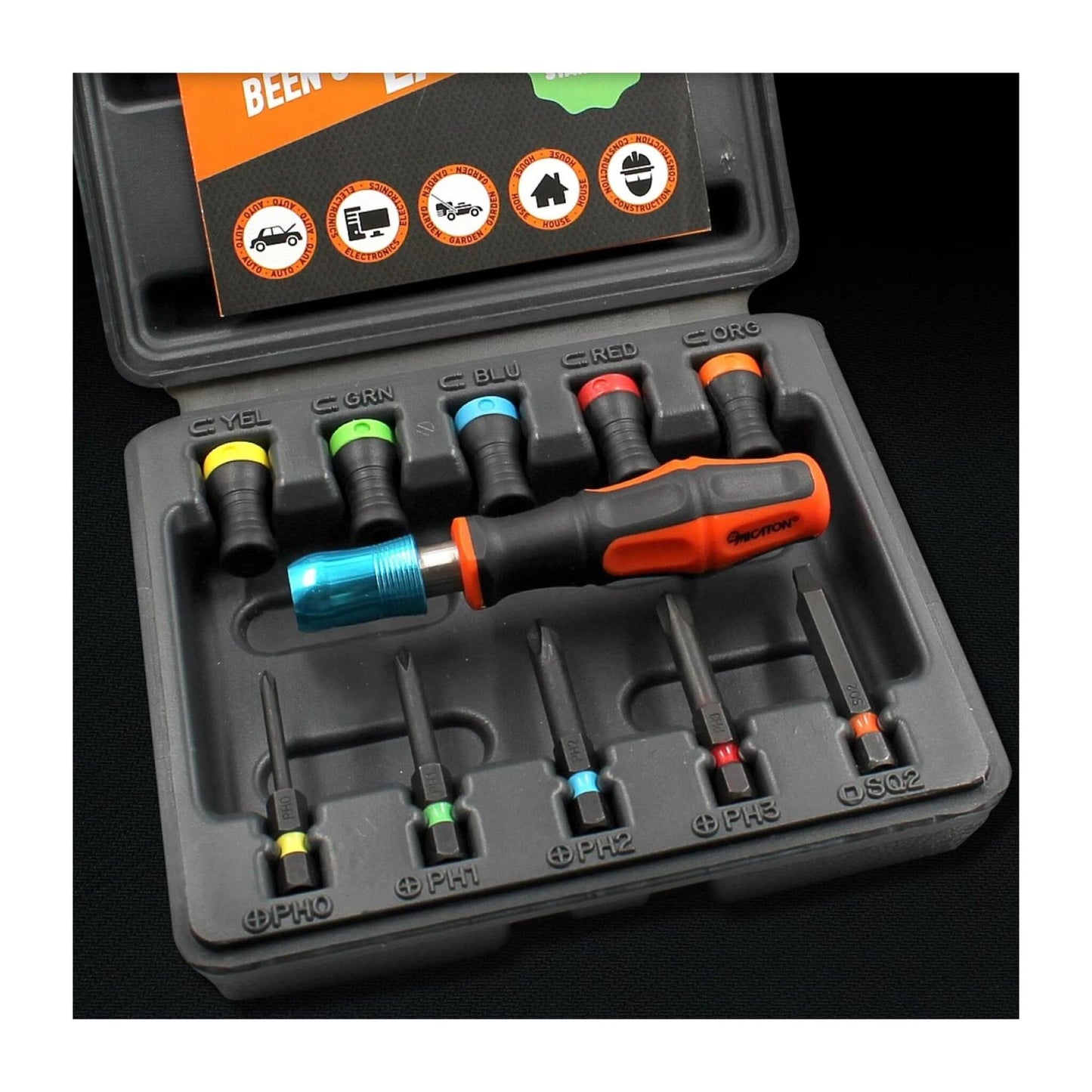5 Magnet Driver®-Hülsen + 5 verlängerte Bits PH0, PH1, PH2, PH3 und SQ2 + Micaton-Griff