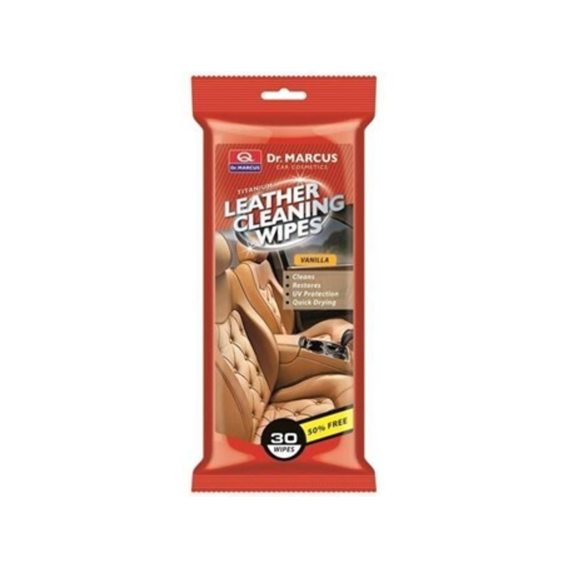 Lederpflege für alle Fahrzeuge mit den Reinigungstüchern von Dr. Marcus. Die Leder-Reinigungstücher reinigen, pflegen und hinterlassen einen sanften Vanille-Duft.