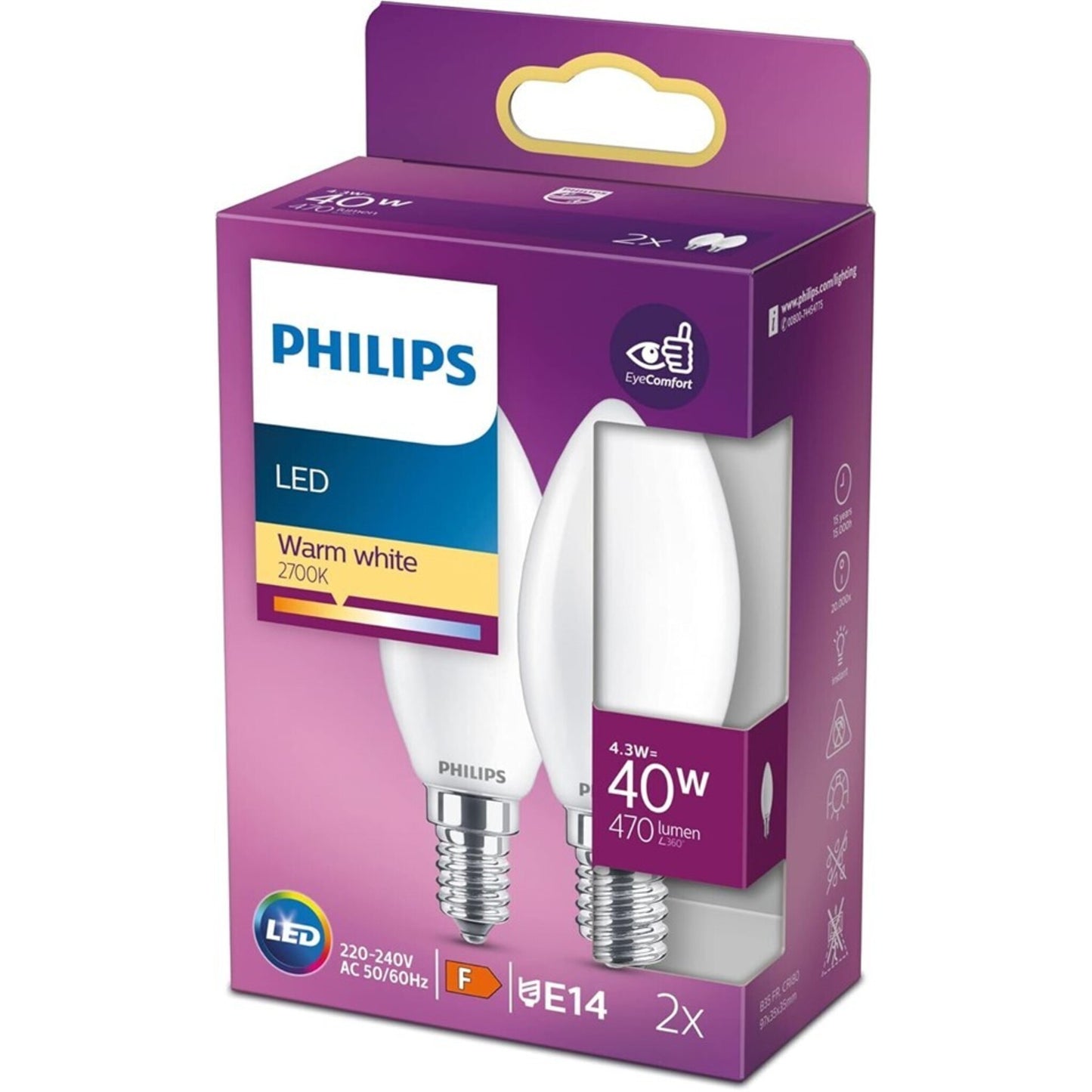 PHILIPS LED Classic E14 Lampe, 40 W, Kerzenform, matt, warmweiß, 2er Pack