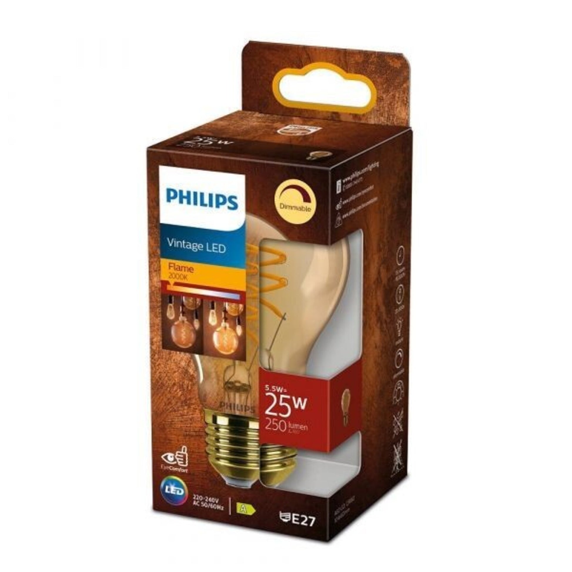 Philips LED Spiral Filament Leuchtmittel Birnenform 5,5W = 25W E27 gold gelüstert 250lm extra warmweiß 2000K DIMMBAR