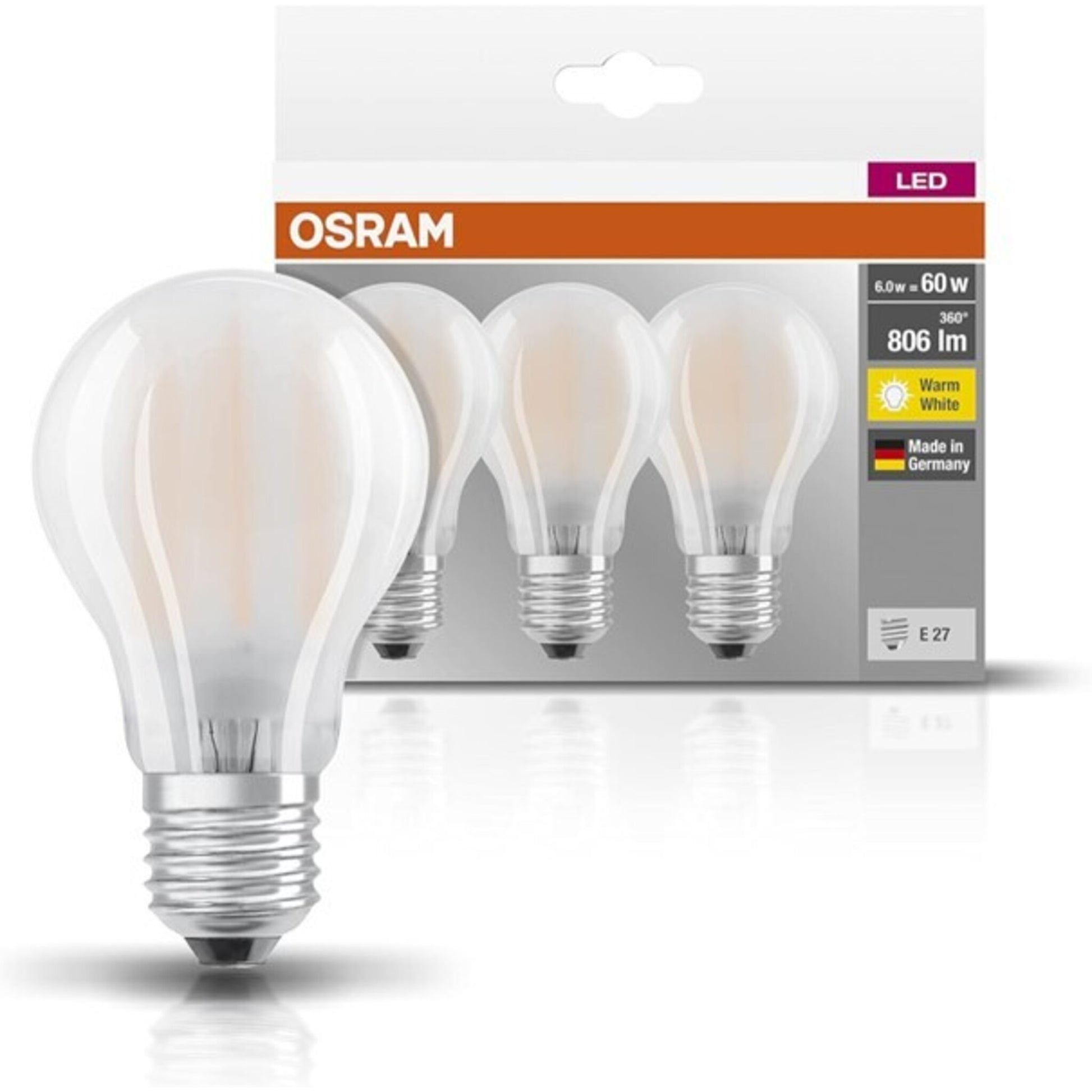 Osram LED Base Classic A Lampe, in Kolbenform mit E27-Sockel, nicht dimmbar, Ersetzt 60 Watt, Matt, Warmweiß - 2700 Kelvin, 3er-Pack