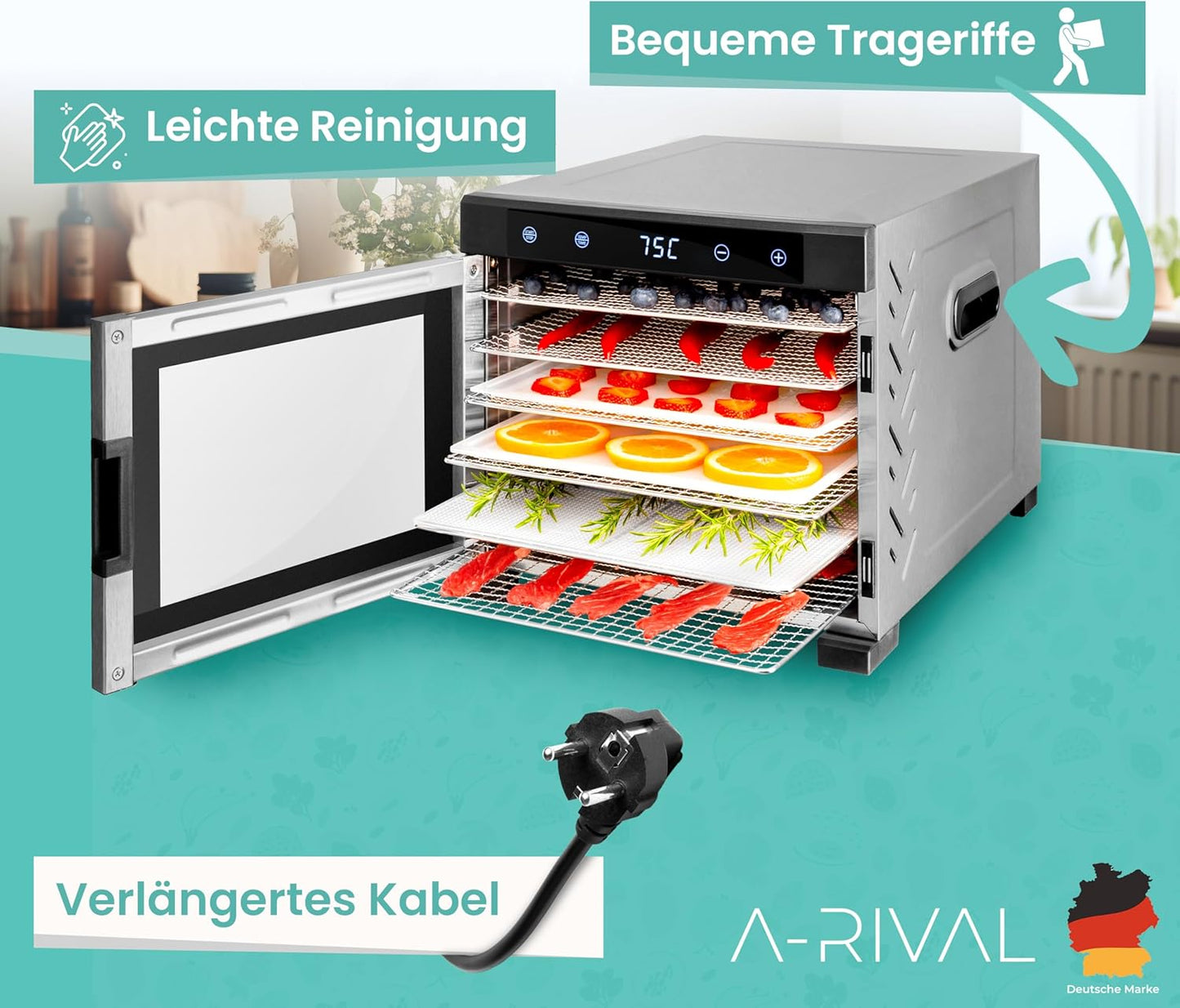 A-rival Dörrautomat | Edelstahl Dehydrator mit Touch Control | Gefriertrockner - 24h Timer, 6 Dörrtabletts, 35°C bis 74°C, BPA-frei | Freeze Dryer - Leiser Betrieb, 360° Luftzirkulation