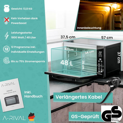 A-Rival Minibackofen mit Umluft | 45+3l - GS-Geprüft, DE | Mini Backofen mit Umluft - 12 Programmen, Powerboost, 8h Timer | Minibackofen 45l - Umluft, Ober und Unterhitze bis 230° Grad | inkl. Zubehör