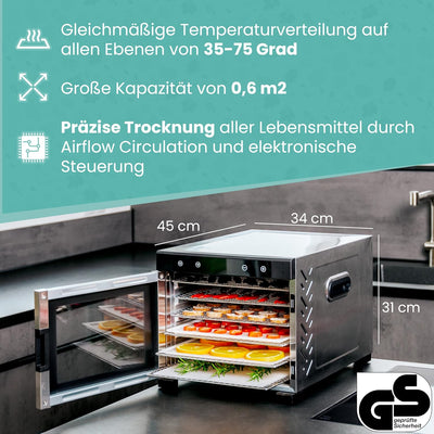 A-rival Dörrautomat | Edelstahl Dehydrator mit Touch Control | Gefriertrockner - 24h Timer, 6 Dörrtabletts, 35°C bis 74°C, BPA-frei | Freeze Dryer - Leiser Betrieb, 360° Luftzirkulation