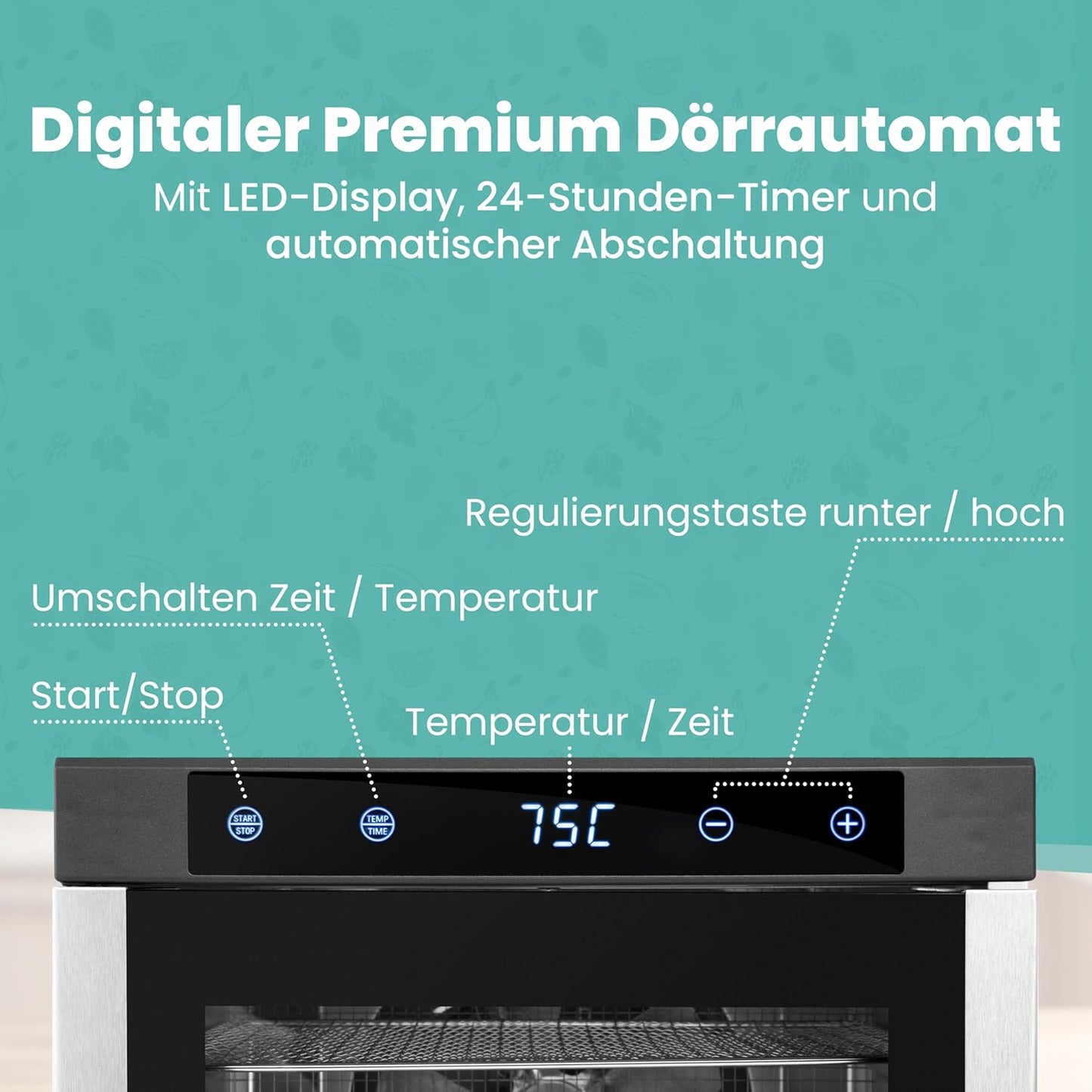 A-rival Dörrautomat | Edelstahl Dehydrator mit Touch Control | Gefriertrockner - 24h Timer, 6 Dörrtabletts, 35°C bis 74°C, BPA-frei | Freeze Dryer - Leiser Betrieb, 360° Luftzirkulation