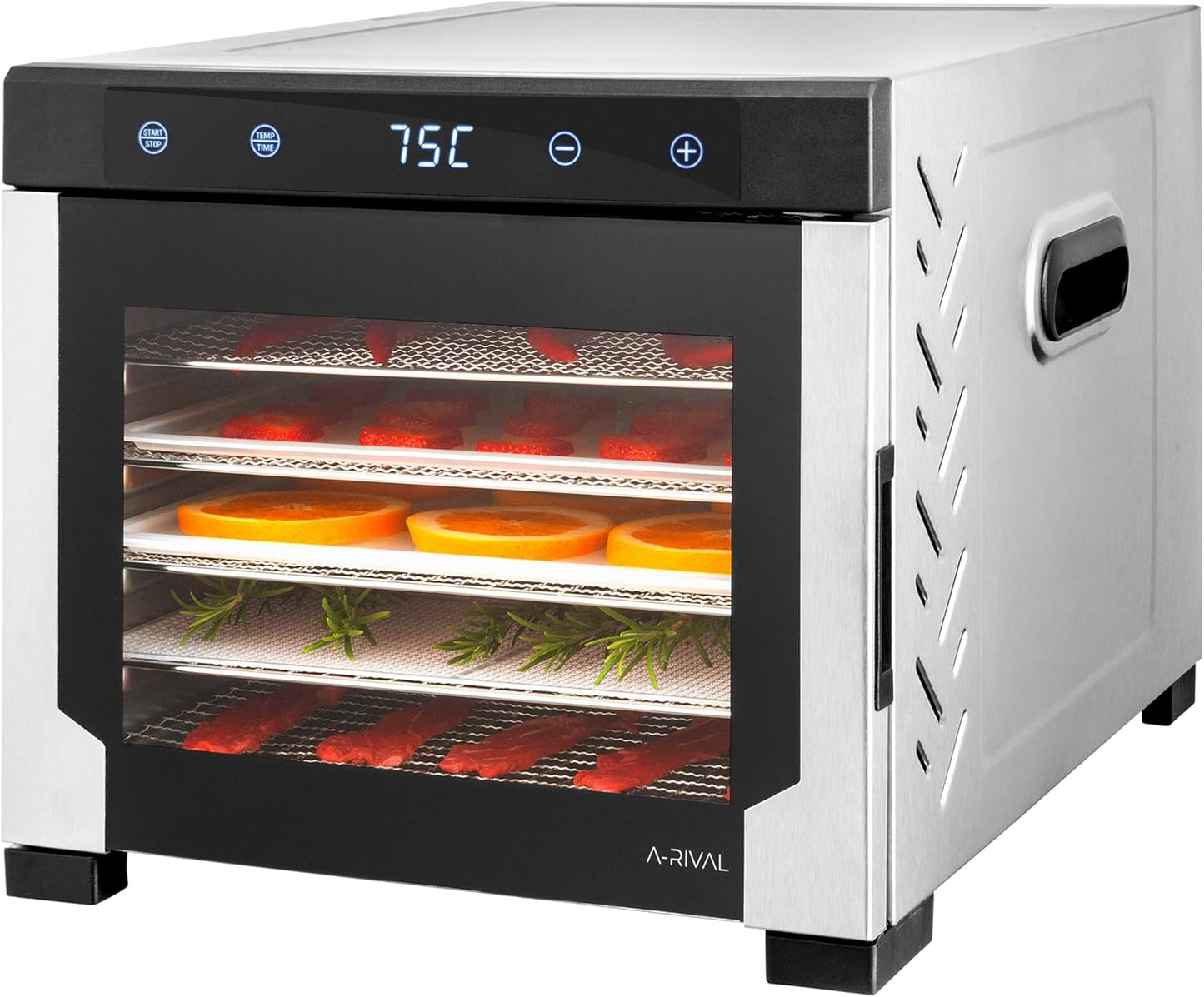 A-rival Dörrautomat | Edelstahl Dehydrator mit Touch Control | Gefriertrockner - 24h Timer, 6 Dörrtabletts, 35°C bis 74°C, BPA-frei | Freeze Dryer - Leiser Betrieb, 360° Luftzirkulation