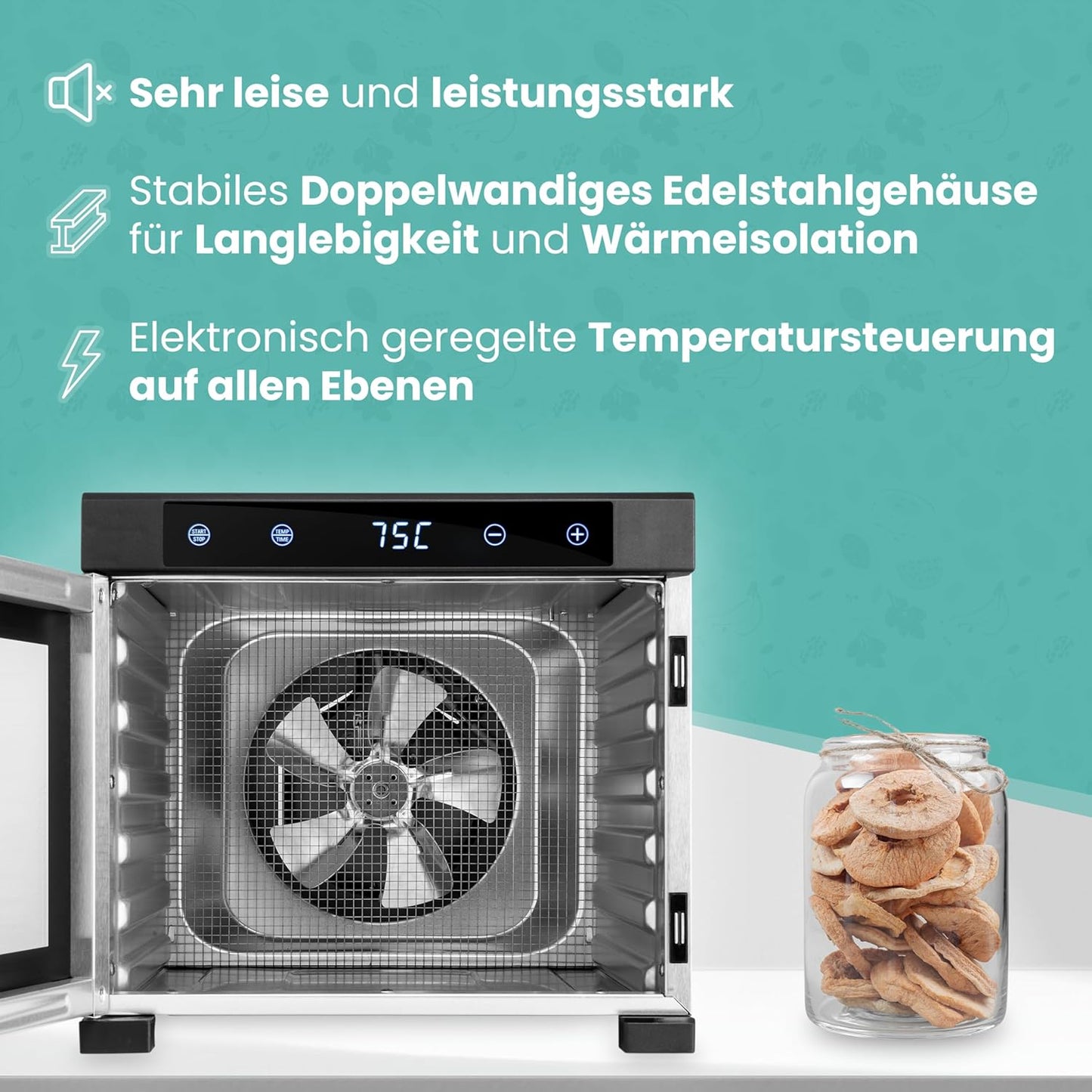 A-rival Dörrautomat | Edelstahl Dehydrator mit Touch Control | Gefriertrockner - 24h Timer, 6 Dörrtabletts, 35°C bis 74°C, BPA-frei | Freeze Dryer - Leiser Betrieb, 360° Luftzirkulation