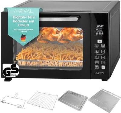 A-Rival Minibackofen mit Umluft | 45+3l - GS-Geprüft, DE | Mini Backofen mit Umluft - 12 Programmen, Powerboost, 8h Timer | Minibackofen 45l - Umluft, Ober und Unterhitze bis 230° Grad | inkl. Zubehör