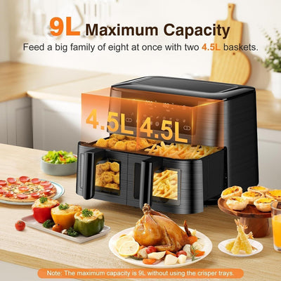Cookwise Dual Zone Heißluftfritteuse mit Sichtfenster, 9L XL Kapazität Doppel-Airfryer, 2 Schubladen,  Touchscreen, Smart und Timer-Funktion, Gesunde Friteuse ohne Öl und fettarmes Kochen