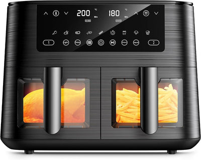 Cookwise Dual Zone Heißluftfritteuse mit Sichtfenster, 9L XL Kapazität Doppel-Airfryer, 2 Schubladen,  Touchscreen, Smart und Timer-Funktion, Gesunde Friteuse ohne Öl und fettarmes Kochen