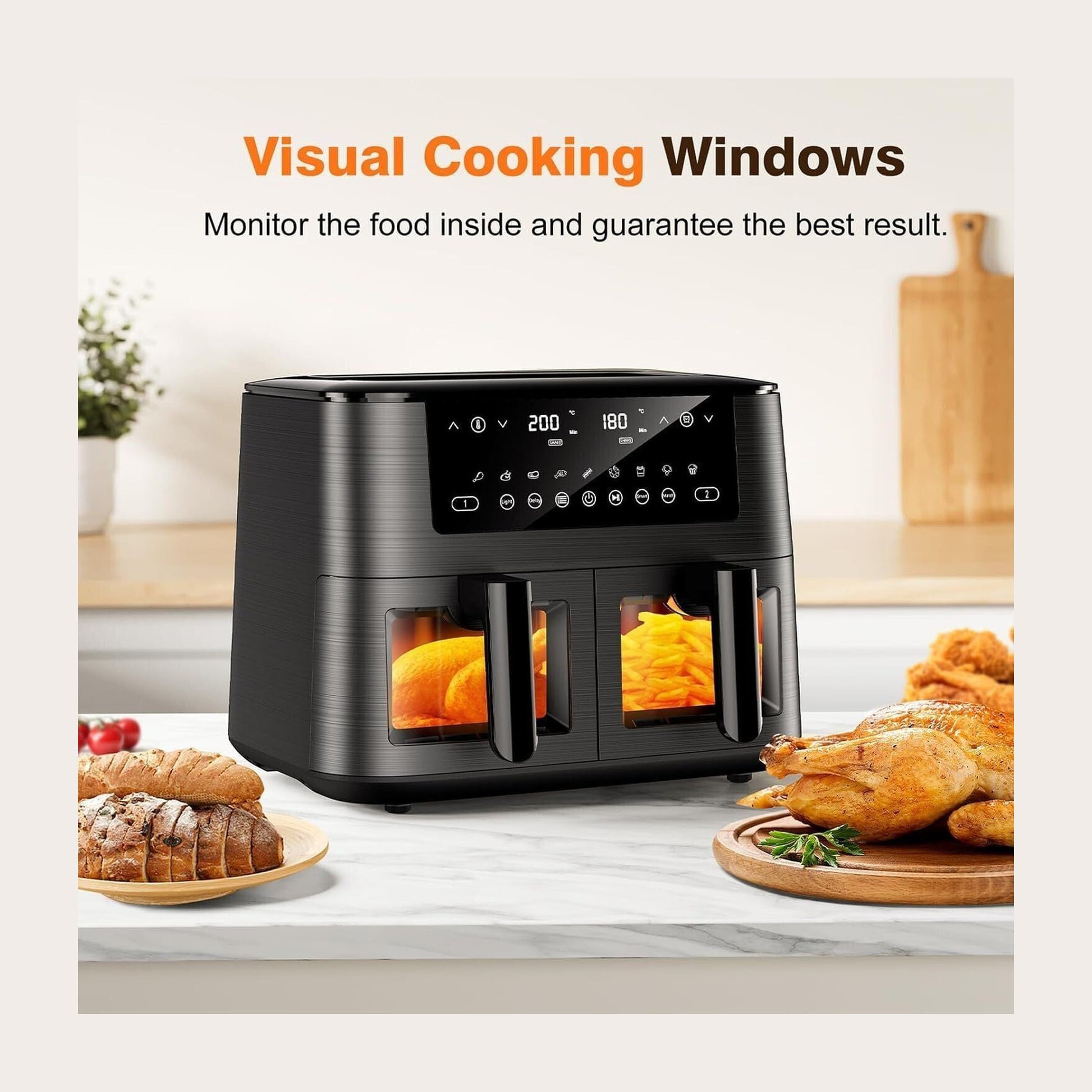 Cookwise Dual Zone Heißluftfritteuse mit Sichtfenster, 9L XL Kapazität Doppel-Airfryer, 2 Schubladen,  Touchscreen, Smart und Timer-Funktion, Gesunde Friteuse ohne Öl und fettarmes Kochen