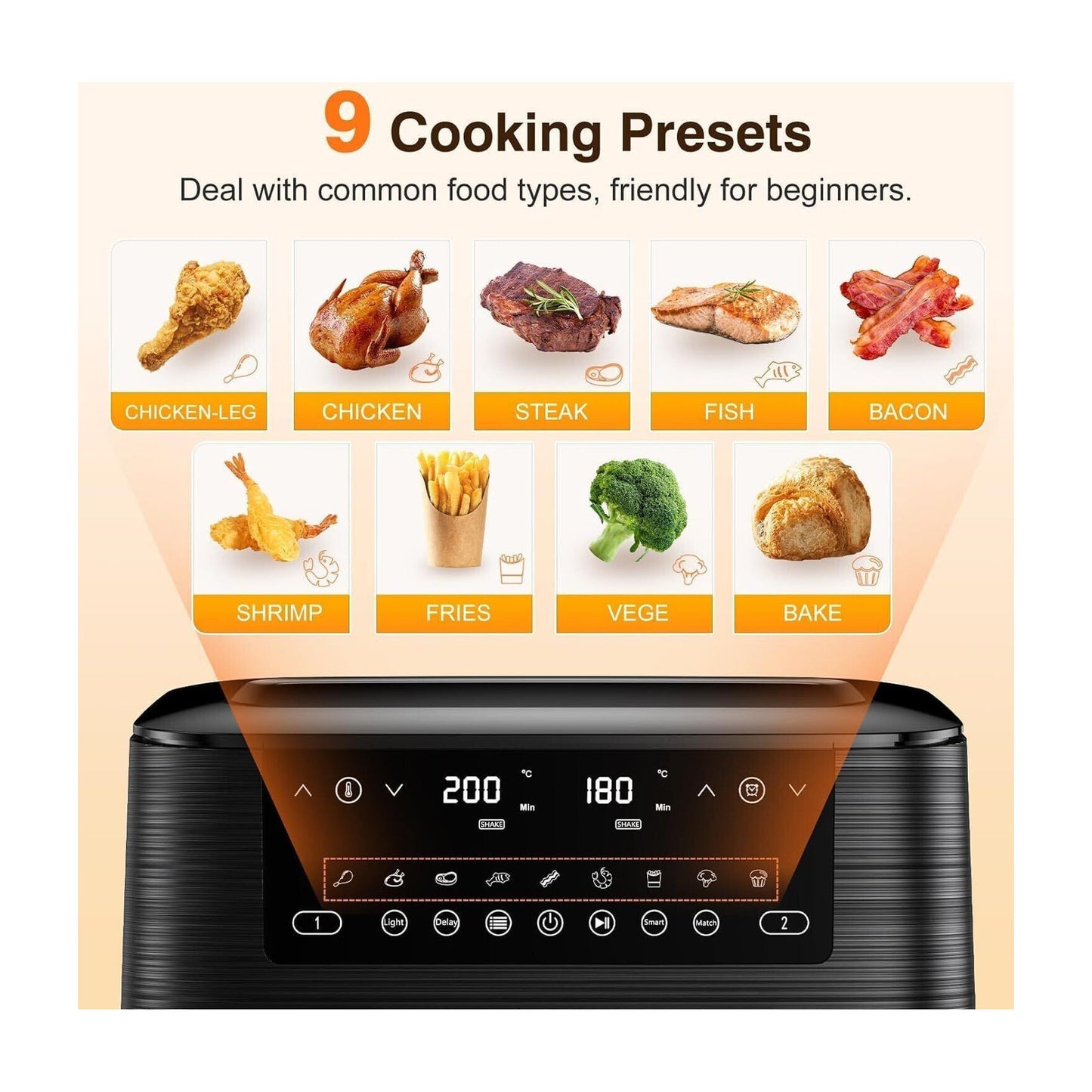 Cookwise Dual Zone Heißluftfritteuse mit Sichtfenster, 9L XL Kapazität Doppel-Airfryer, 2 Schubladen,  Touchscreen, Smart und Timer-Funktion, Gesunde Friteuse ohne Öl und fettarmes Kochen