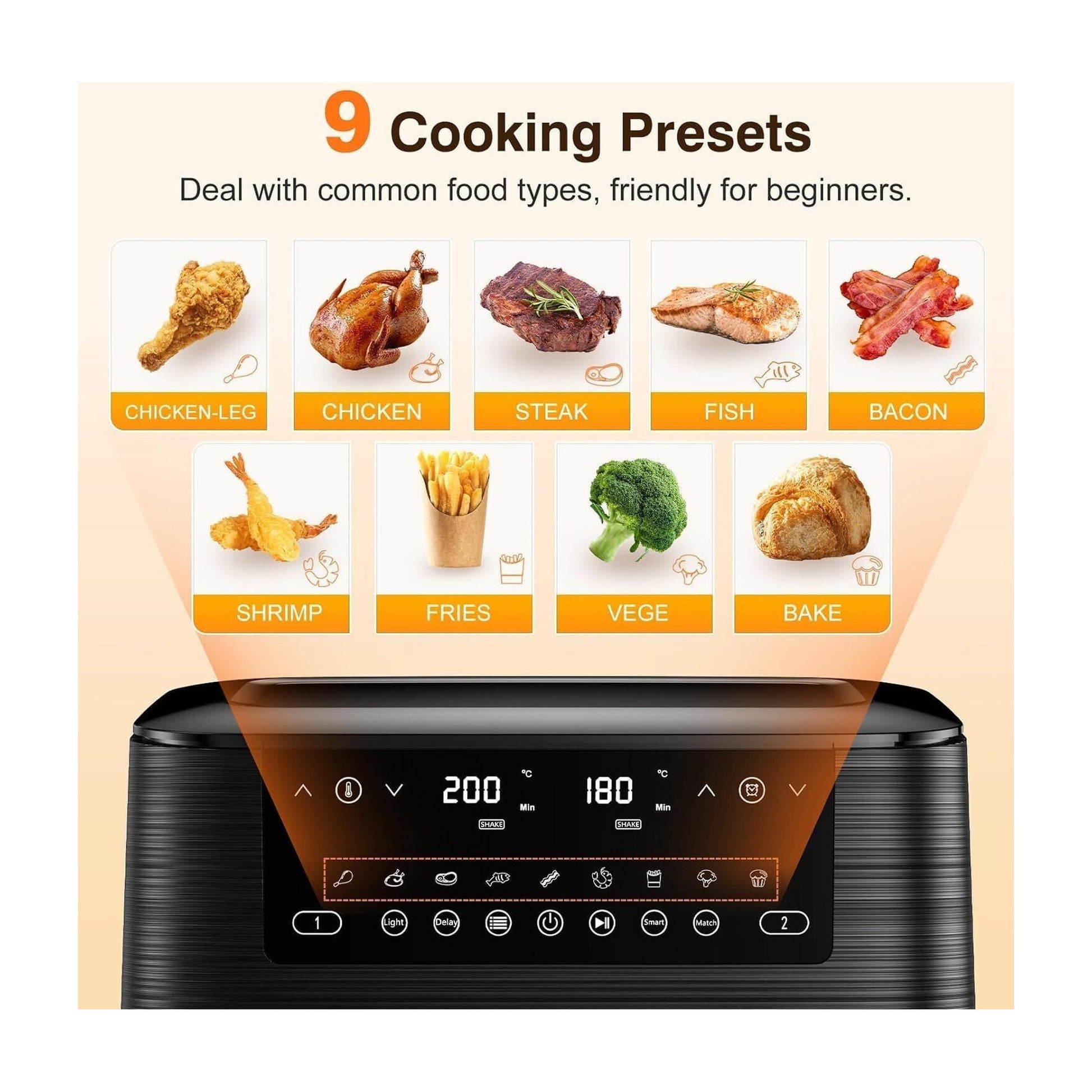 Cookwise Dual Zone Heißluftfritteuse mit Sichtfenster, 9L XL Kapazität Doppel-Airfryer, 2 Schubladen,  Touchscreen, Smart und Timer-Funktion, Gesunde Friteuse ohne Öl und fettarmes Kochen